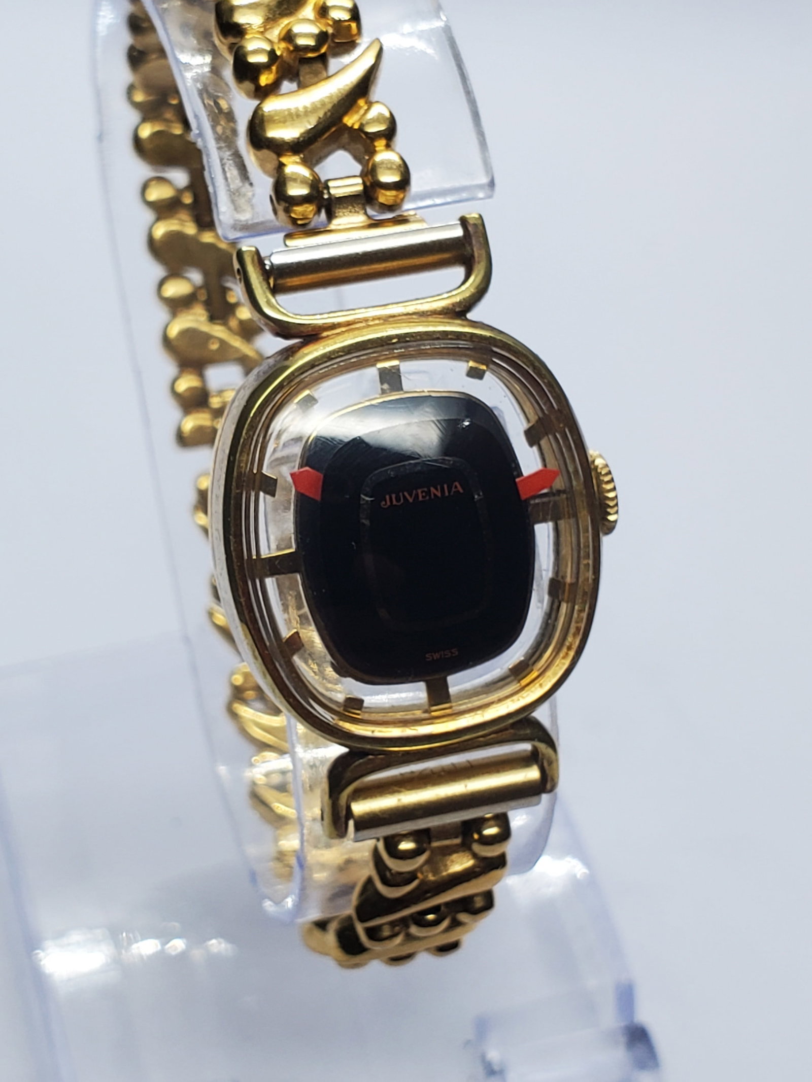 Vintage Juvenia Mystere Manual 17 Jewels Swiss Watch, 21x23mm, 1960s, Running: This striking vintage Juvenia Mystere manual dress watch showcases avant garde Swiss design with a distinctive gold plated 21 mm by 23 mm case and an iconic Mystere dial featuring floating hands over 