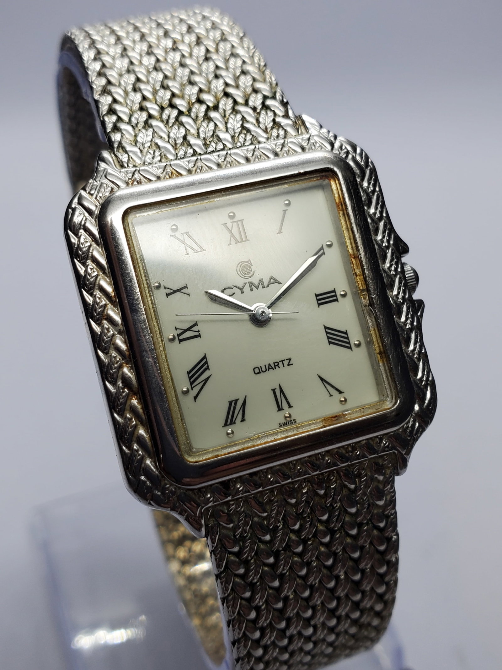Vintage Cyma Roman Dial Mesh Bracelet Swiss Watch, 27x27mm, 1991, Running (1 of 13)