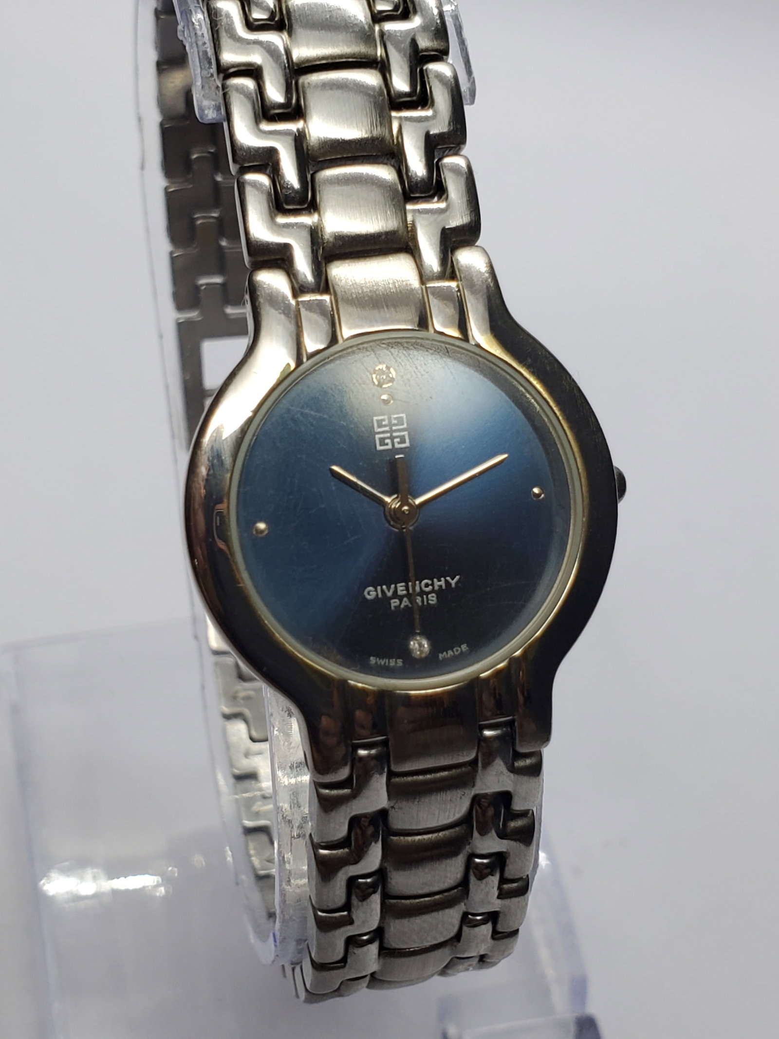 Vintage Givenchy Paris Blue Dial Diamond Accent Swiss Watch, 24mm, 1993, Running (1 of 13)
