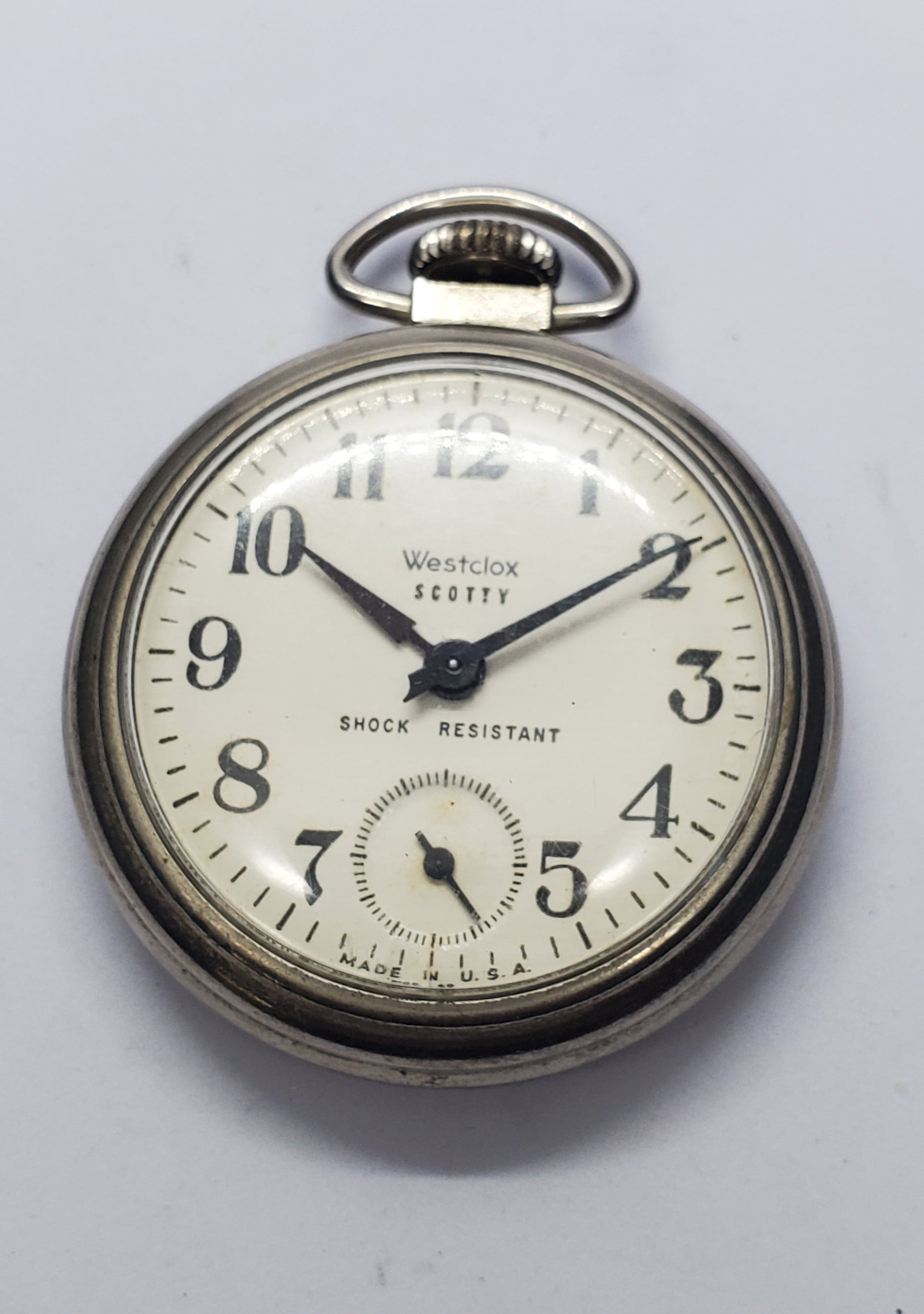 Vintage Westclox Scotty Manual Pocket Watch Seconds Subdial, 1940s, Running: Step into classic American horology with this Westclox Scotty manual wind pocket watch, a timeless piece known for its practical elegance and dependable construction. Founded in 1885 in Illinois, USA,