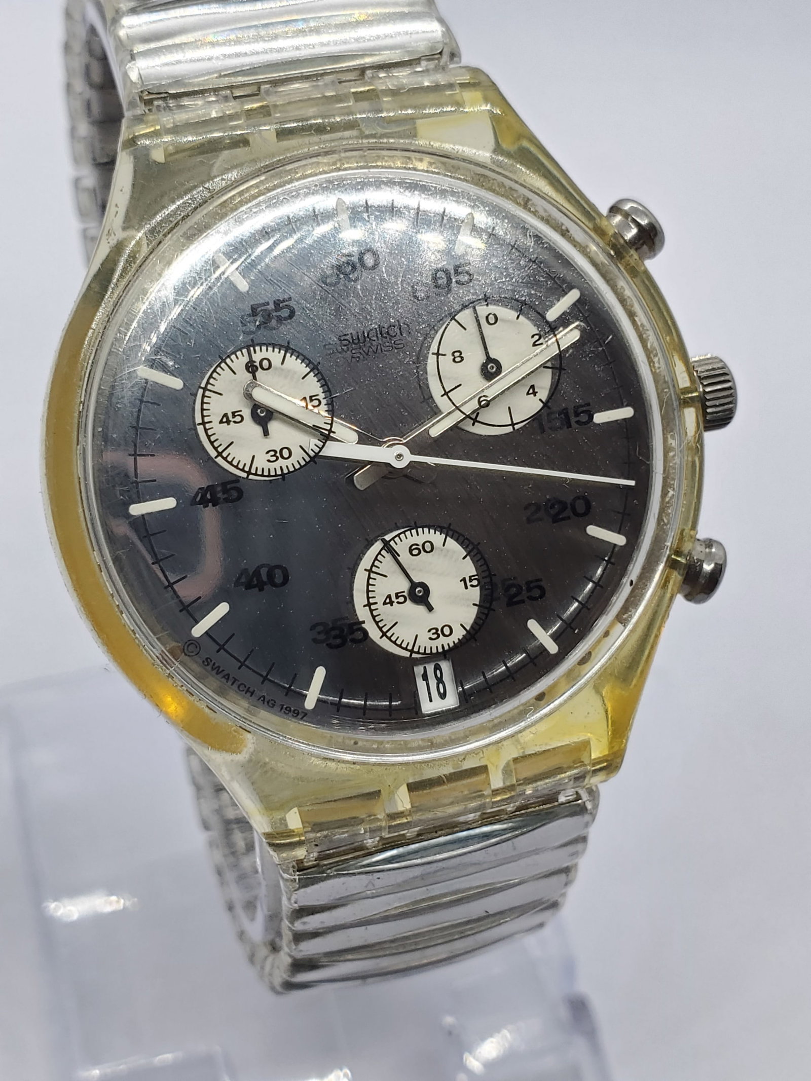 Vintage Swatch Irony Chronograph Translucent Case Mirror Dial Quartz 38mm, 1997, Running: This Swatch Irony Chronograph YCS431 features a bold translucent case paired with a striking mirror like dial, creating a distinctive Casual Sport aesthetic that defined late 1990s design. Powered by 