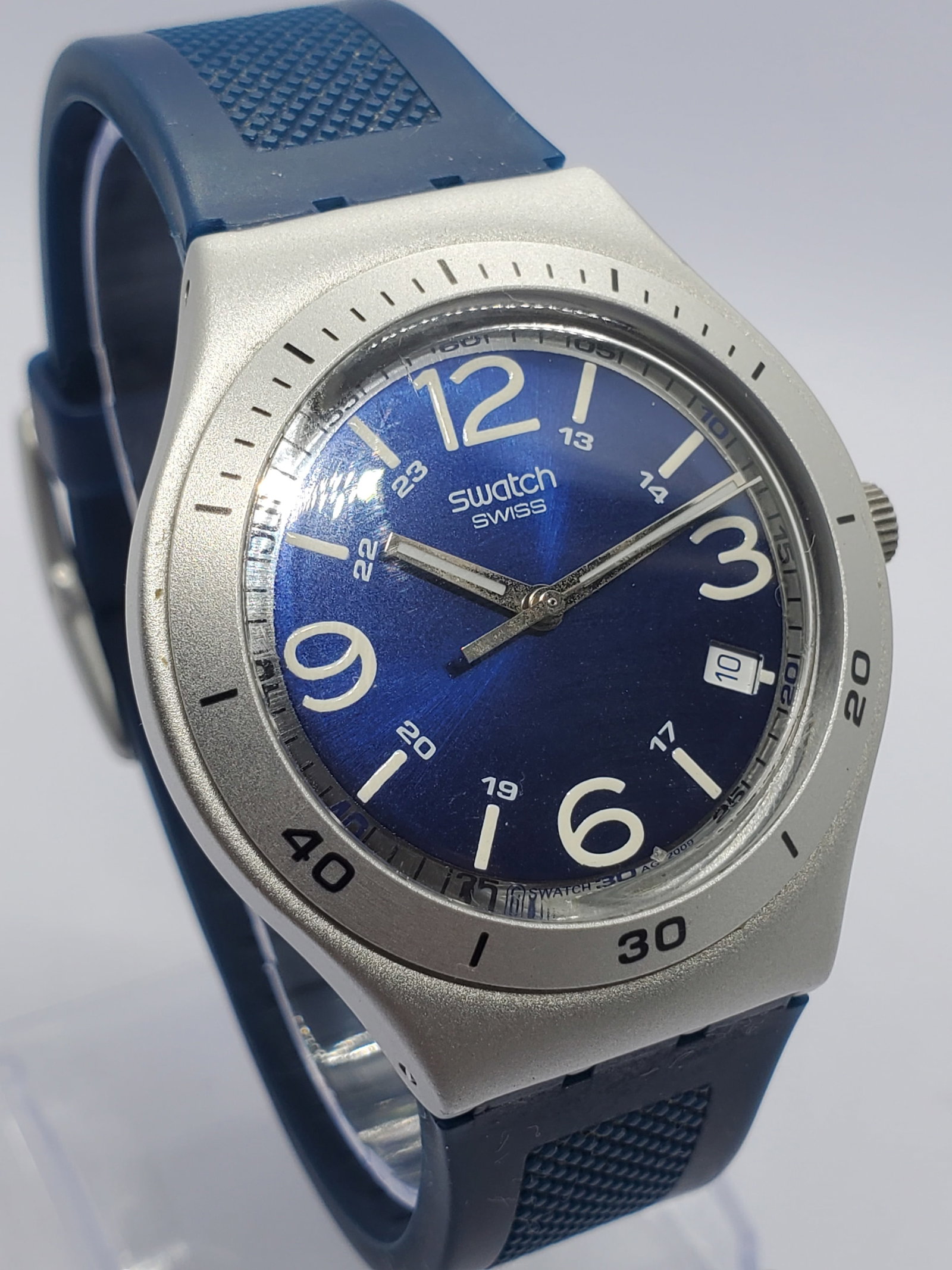 Vintage Swatch Irony Blue Aluminum Swiss Quartz Sports Watch Date 37mm, 2005 to 2010, Running (1 of 14)