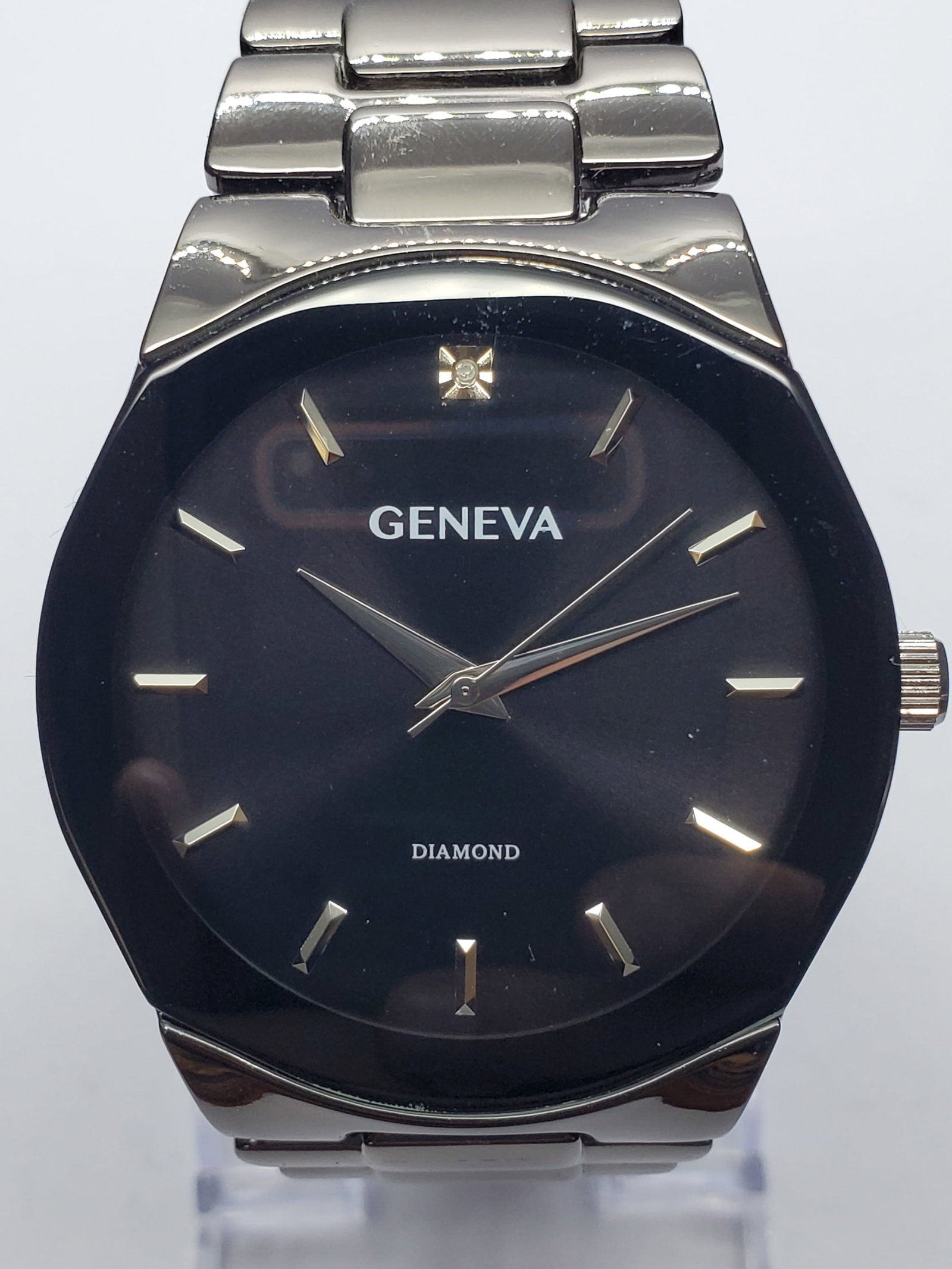 Geneva Diamond Black Dial Watch, 42mm, New in Box, Running