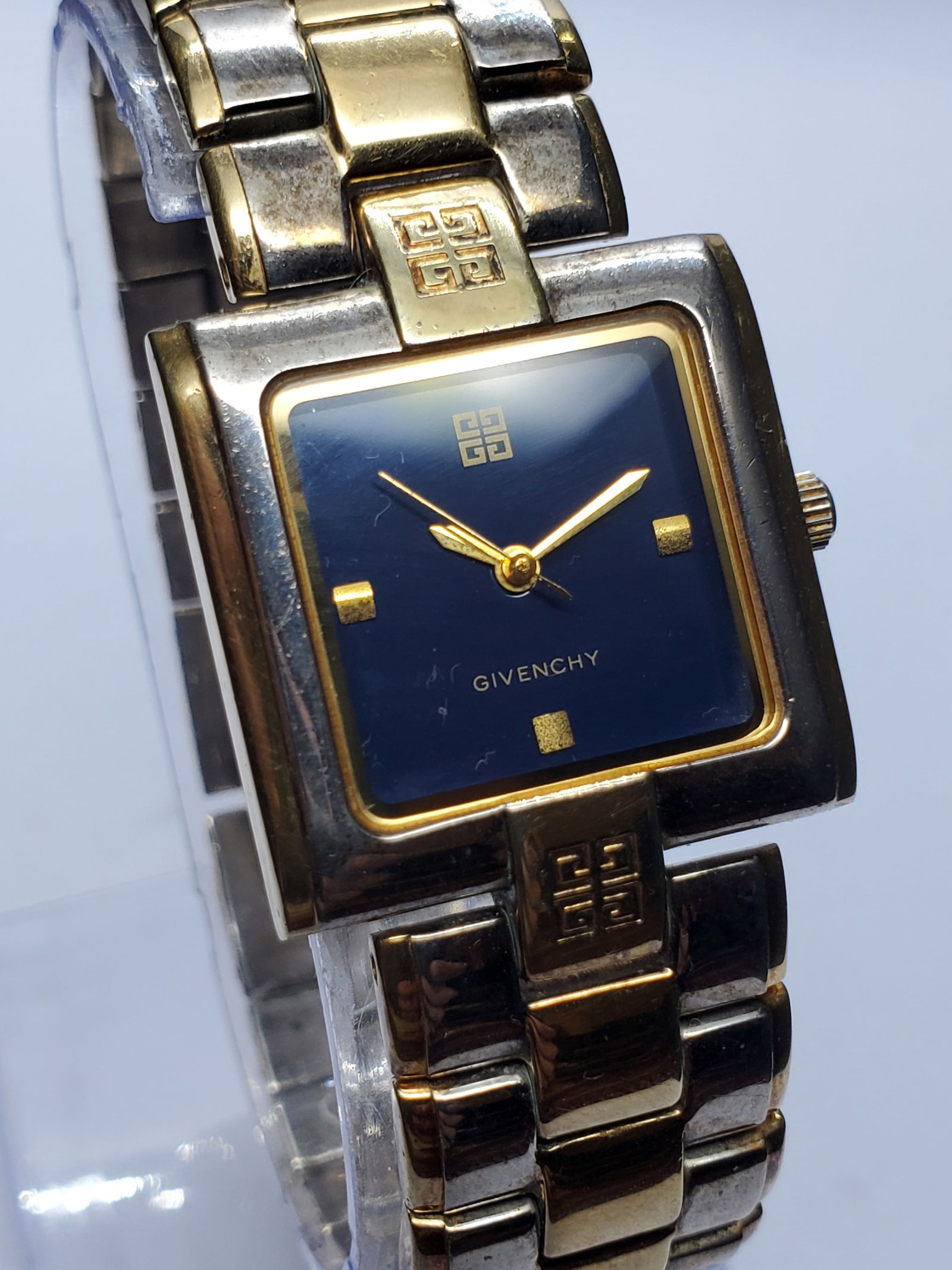 Vintage Givenchy Blue Dial Dual Tone Tank Watch, 25x25mm, 1980s, Running (1 of 14)