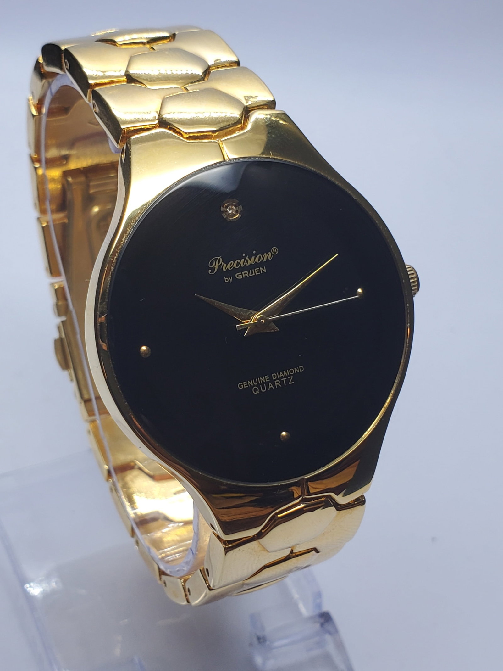 Vintage Gruen Precision Black Dial Diamond Quartz Watch NOS in Box, 38mm, 1990s, Running (1 of 16)