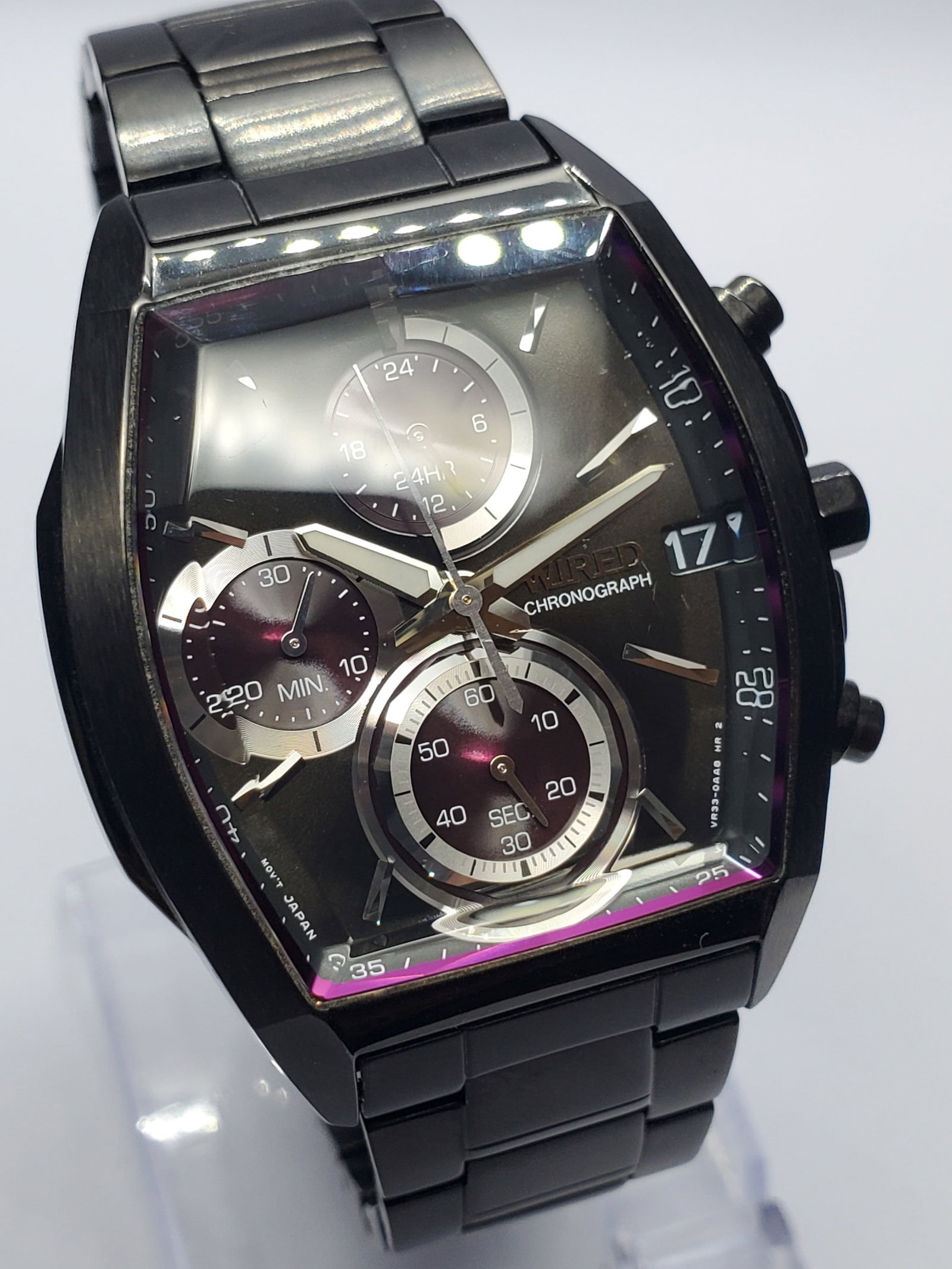 Vintage Seiko Wired Chronograph Black Purple Cut Glass Watch, 39x29mm, 2008s, Running