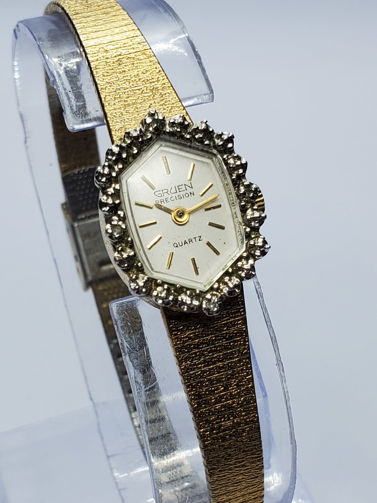 Vintage Gruen Precision Diamond Halo Quartz Ladies Dress Watch Gold Plated, 15x20mm, 1980s, Running (1 of 15)