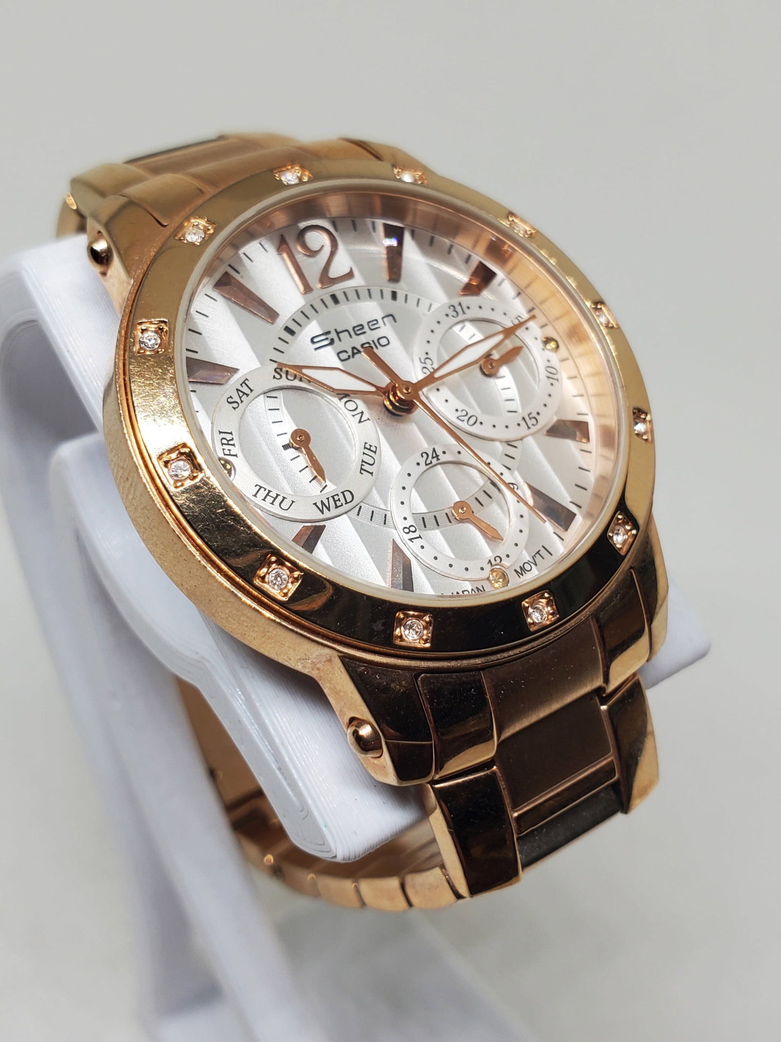 Vintage Casio Sheen SHN 3012GD Rose Gold Dress Watch with Crystals Day Date, 2014 to 2016, Running: This Casio Sheen SHN 3012GD is a refined ladies dress watch that blends contemporary elegance with the proven reliability of Japanese watchmaking. Designed for everyday sophistication, it features a r