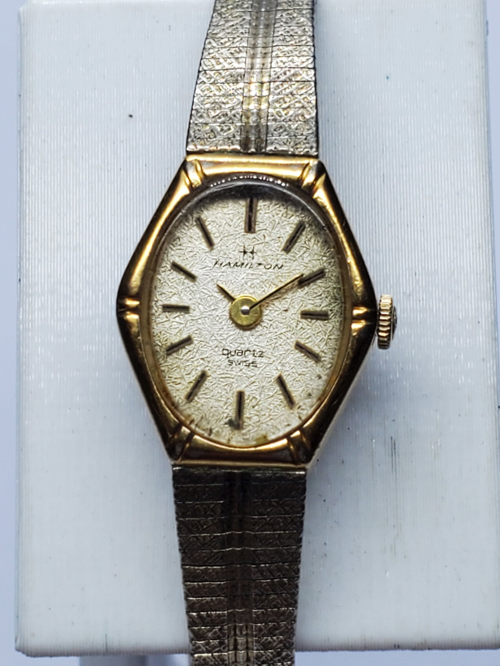 Vintage Hamilton 8856 Gold Plated Frosted Dial Watch, 15x18mm, 1980s, Running (1 of 12)