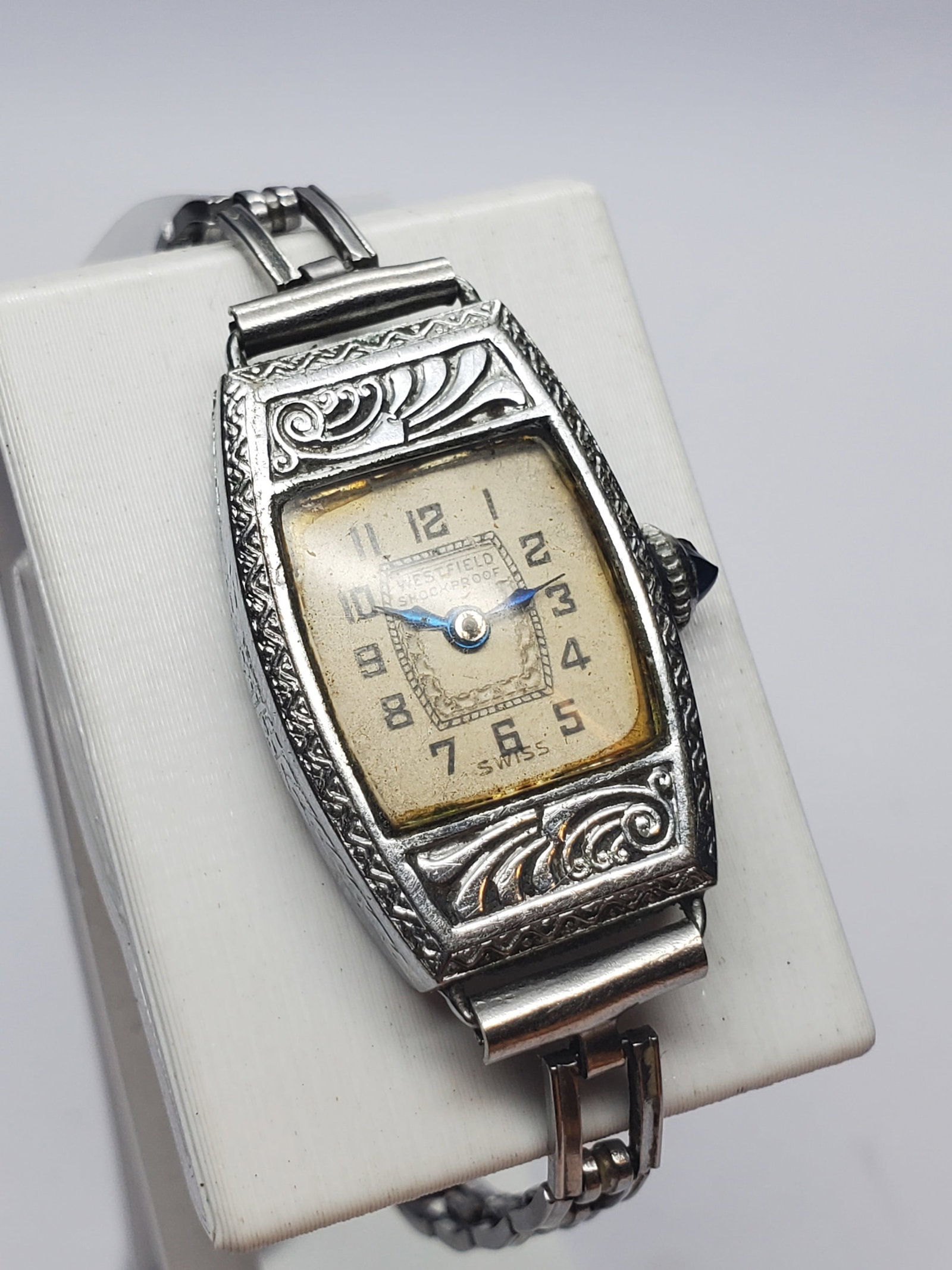 Vintage Westfield Art Deco Manual Ladies Watch Blue Hands, 18x26mm, 1930s, Running: Elegant and distinctly vintage, this Westfield Art Deco ladies dress watch captures the glamour of early twentieth century design with its beautifully engraved silver tone case, classic white dial, st
