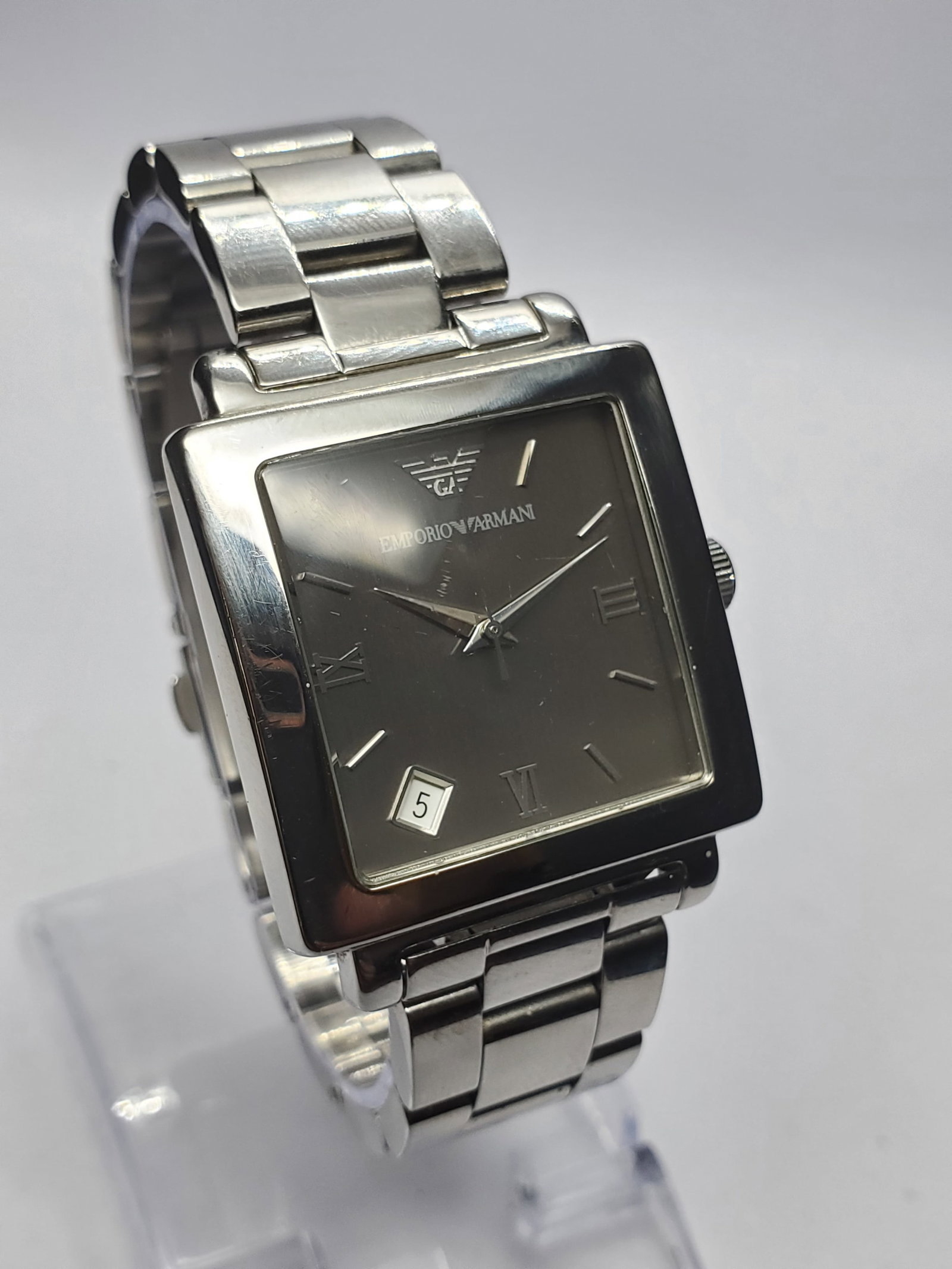 Emporio Armani Silver Tone Square Dress Watch, 30x30mm, 2010s, Running (1 of 13)