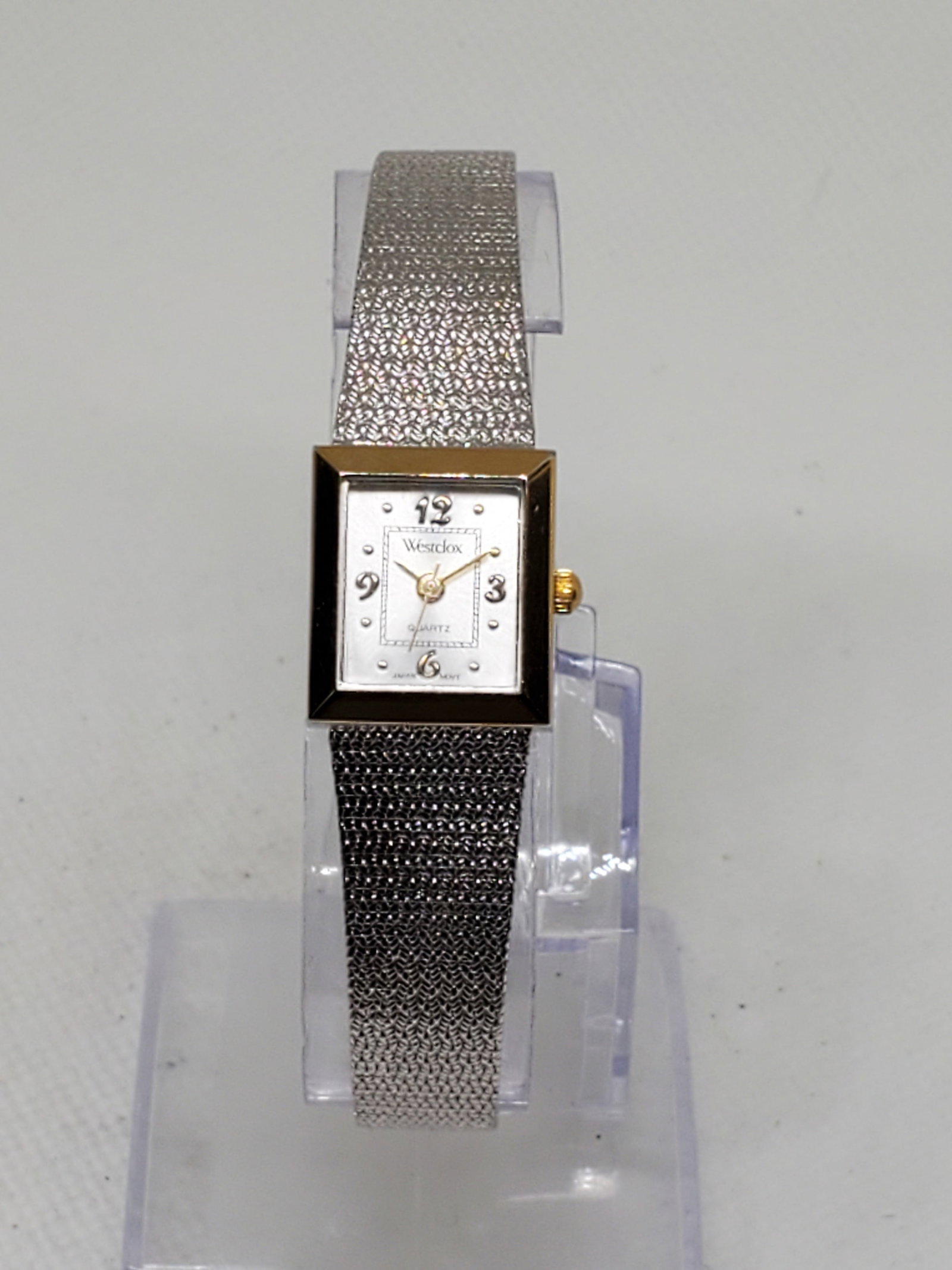 Vintage Westclox LTX191 Silver Gold Rectangular Watch Japan Quartz 7? Mesh Band, 1990s, Running: This elegant vintage Westclox LTX191 features a refined rectangular dual tone case in silver and gold, complemented by a starburst silver dial with gold hour markers and stylized numerals at 12, 3, 6,