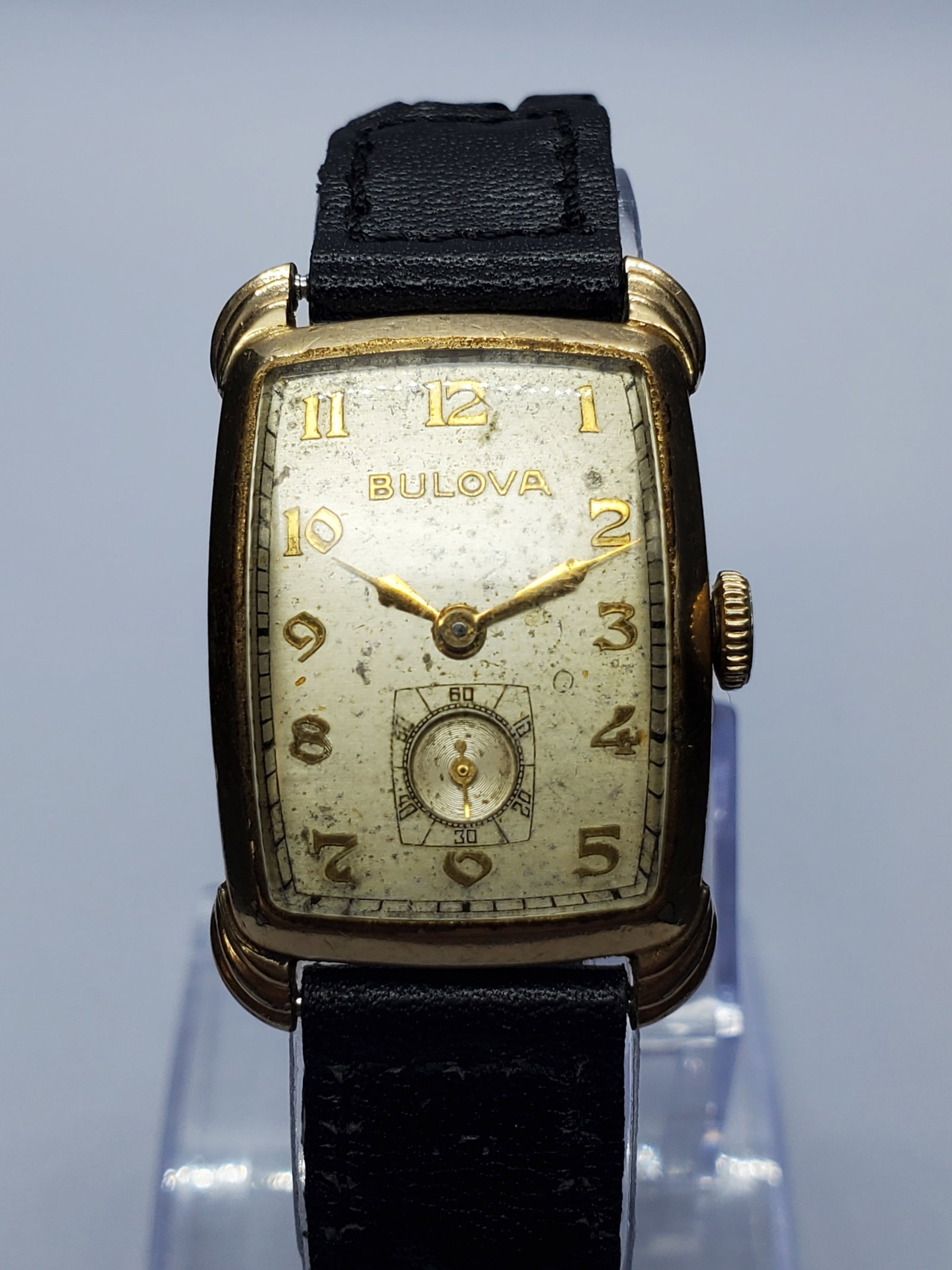 Vintage Bulova 8AH Tank Manual Gold Plated Small Seconds Art Deco Watch, 21x28mm, 1947, Running (1 of 14)