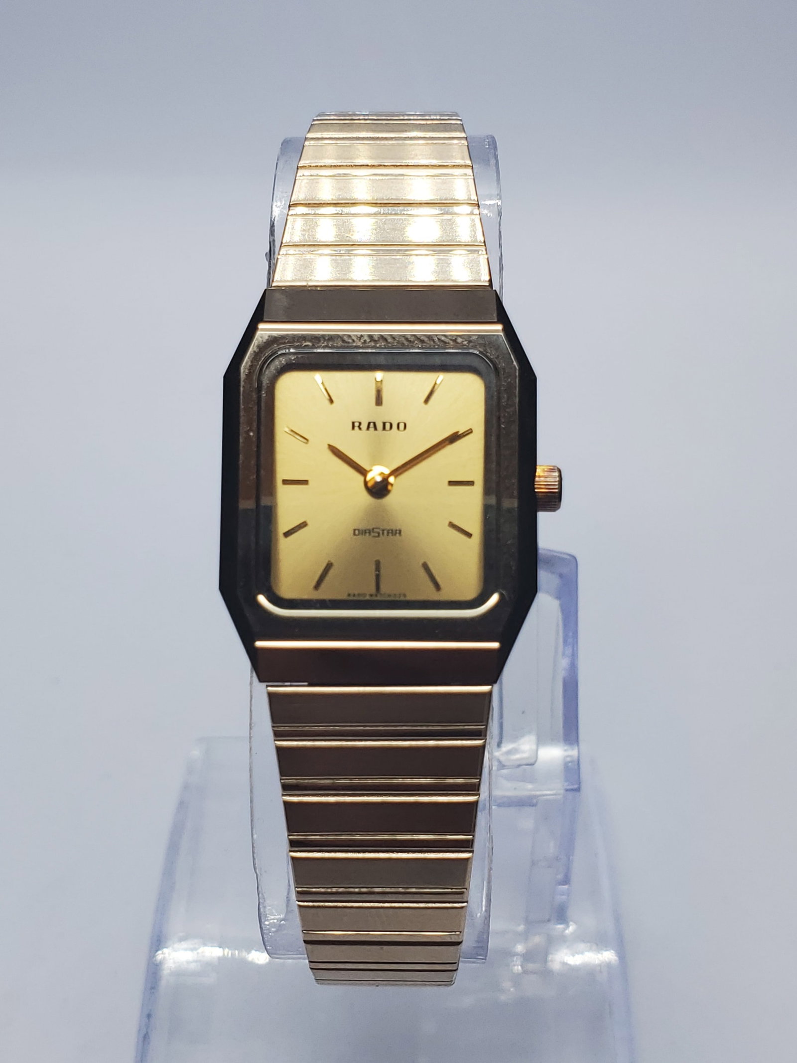 Vintage Rado DiaStar Tungsten Carbide Watch, 20x25mm, 1990s, Running: Elegant vintage Rado DiaStar 133.9717.3 ladies? quartz dress watch featuring a distinctive 20 x 25 mm gold-tone tungsten-carbide case, gold-tone dial, applied gold markers, two-hand display, and coord