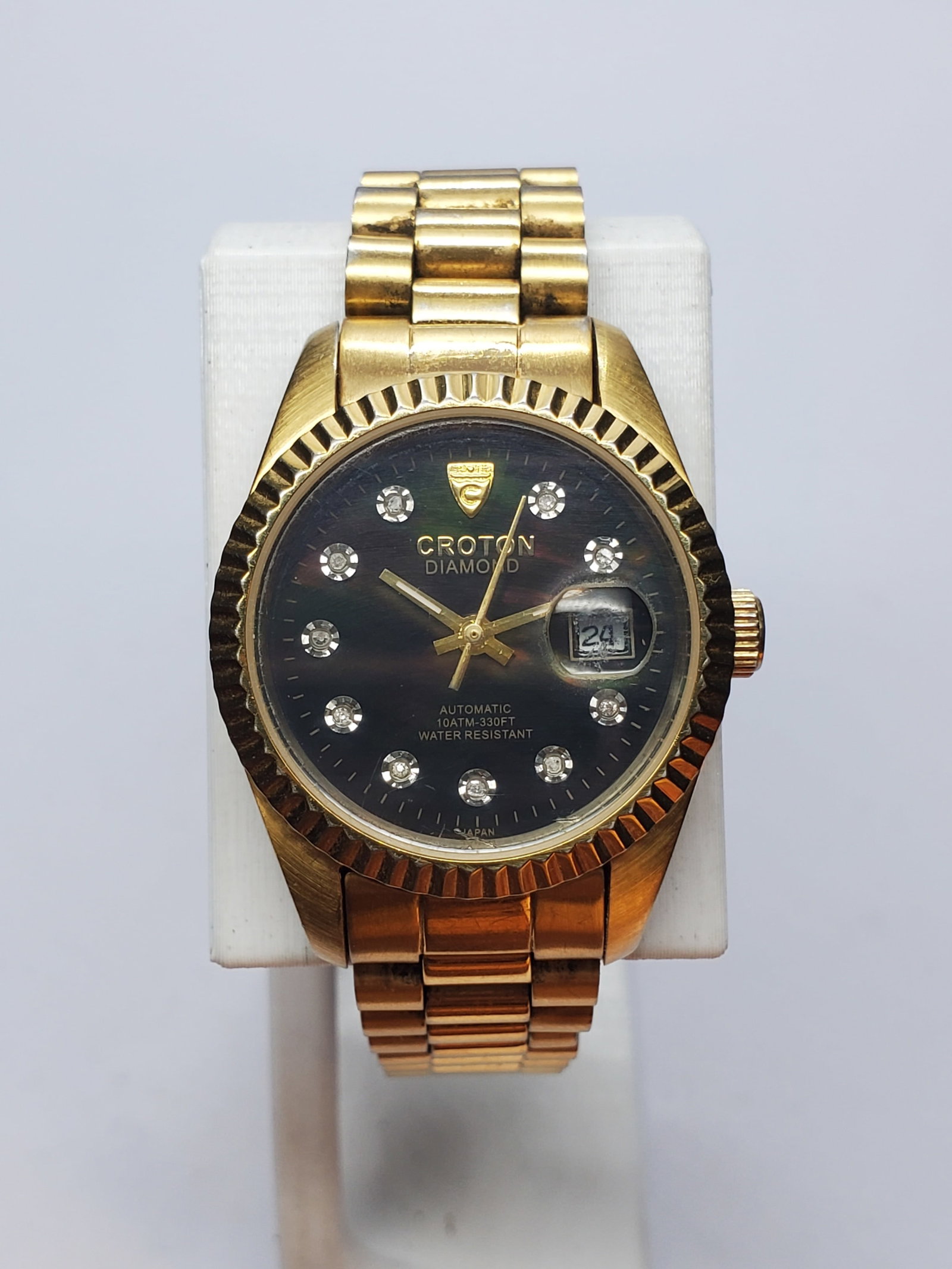 Vintage Croton Diamond Automatic Gold Tone Black Dial Dress Watch, 28mm, 1990s, Running (1 of 15)