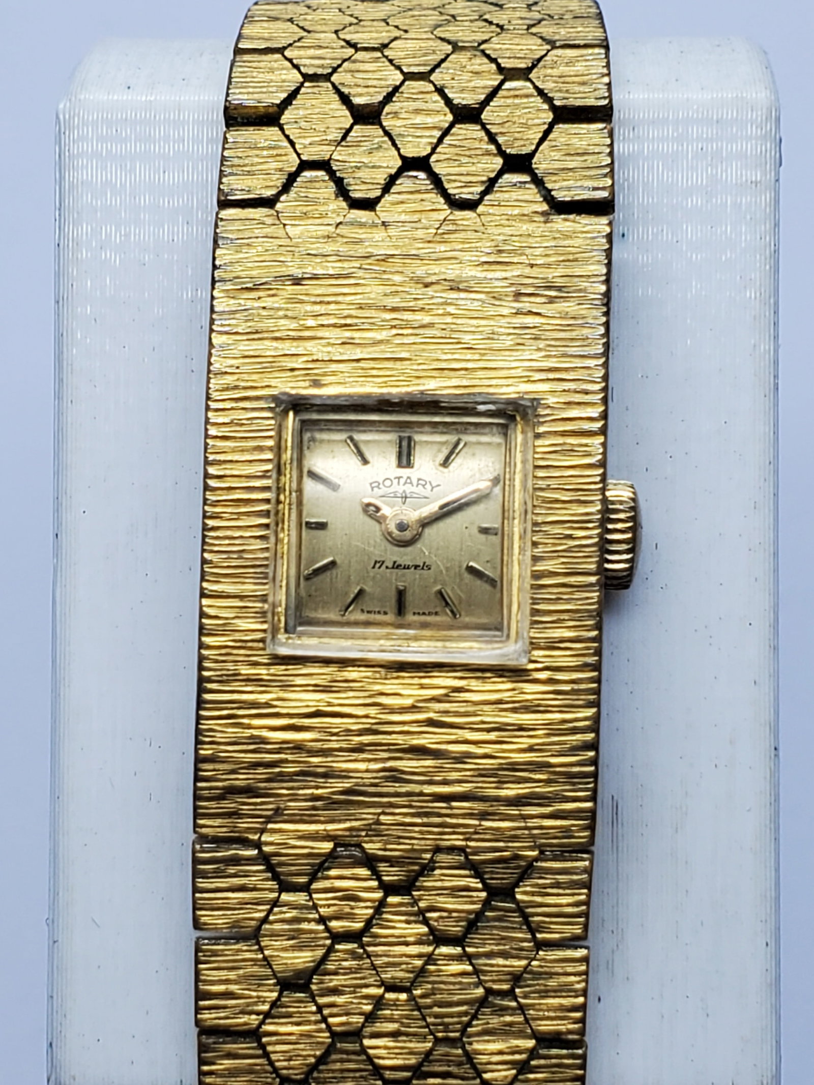Vintage Rotary Cocktail Cuff 17 Jewel Manual Watch, 16x24mm, 1960s, Running: Make an elegant vintage statement with this Rotary Cocktail Cuff ladies? manual-wind dress watch, estimated to date from the late 1960s to early 1970s. Its petite 16 x 24 mm gold-plated case is integr