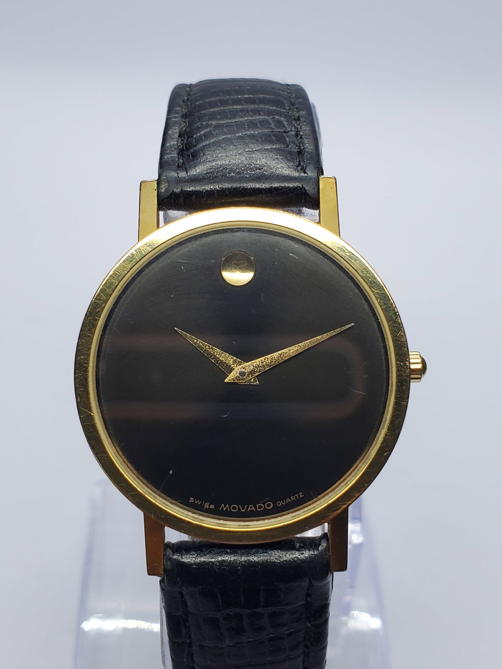 Vintage Movado Museum Gold Plated Black Dial Quartz Watch, 31mm, 1990s, Running (1 of 14)