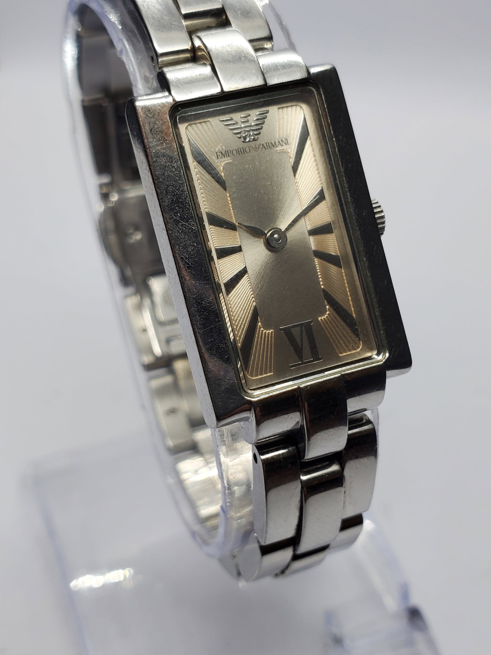 Vintage Emporio Armani AR5618 Silver Sunburst Dial Tank Watch, 18x30mm, 2000s, Running (1 of 13)