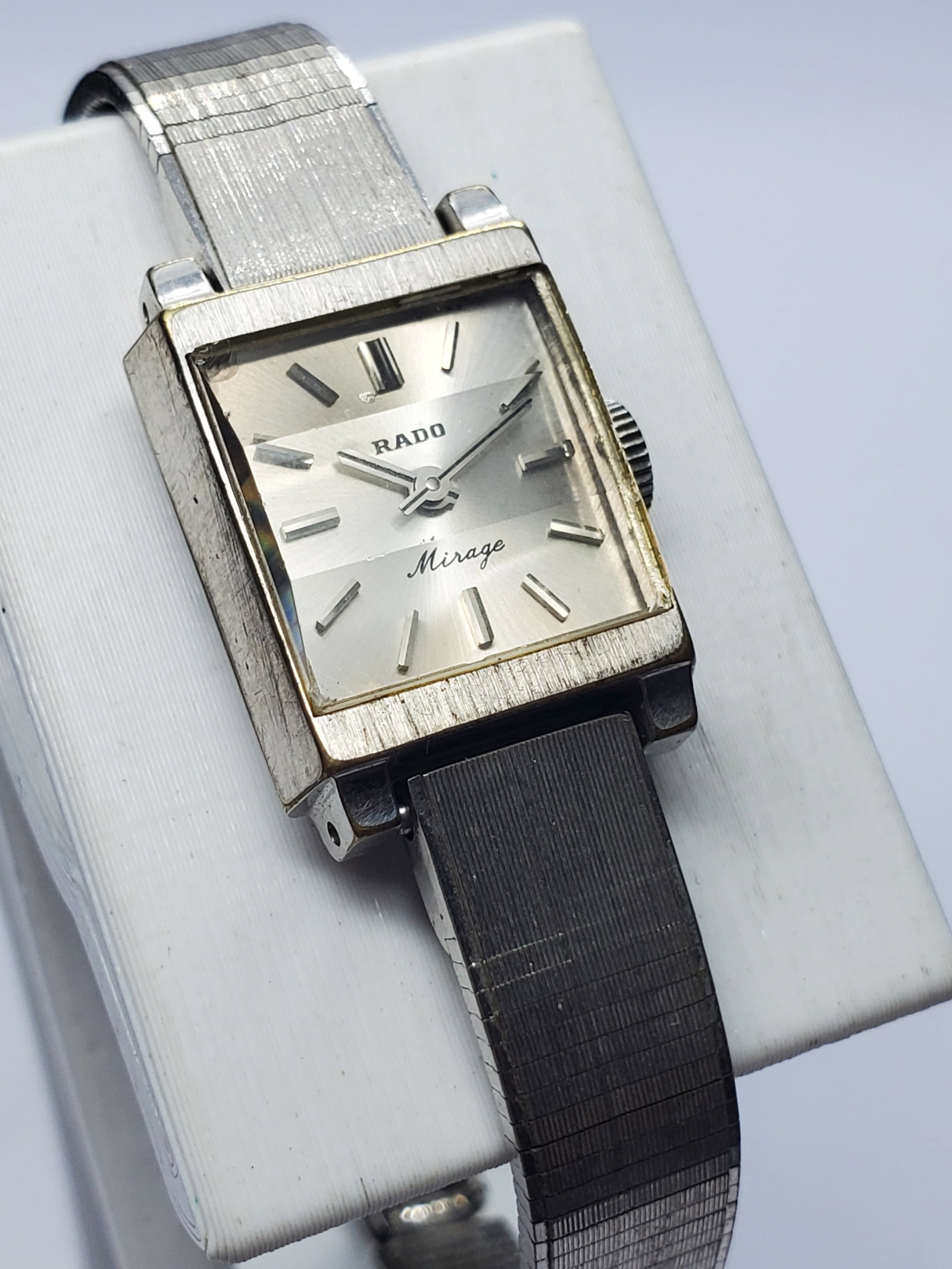 Vintage Rado Mirage Manual Silver Dial Cut Glass Tank Dress Watch, 16x17mm, 1970, Running: Discover the timeless sophistication of this vintage Rado Mirage manual wind dress watch, a refined Swiss timepiece celebrated for its elegant styling and dependable craftsmanship. Founded by the Schl