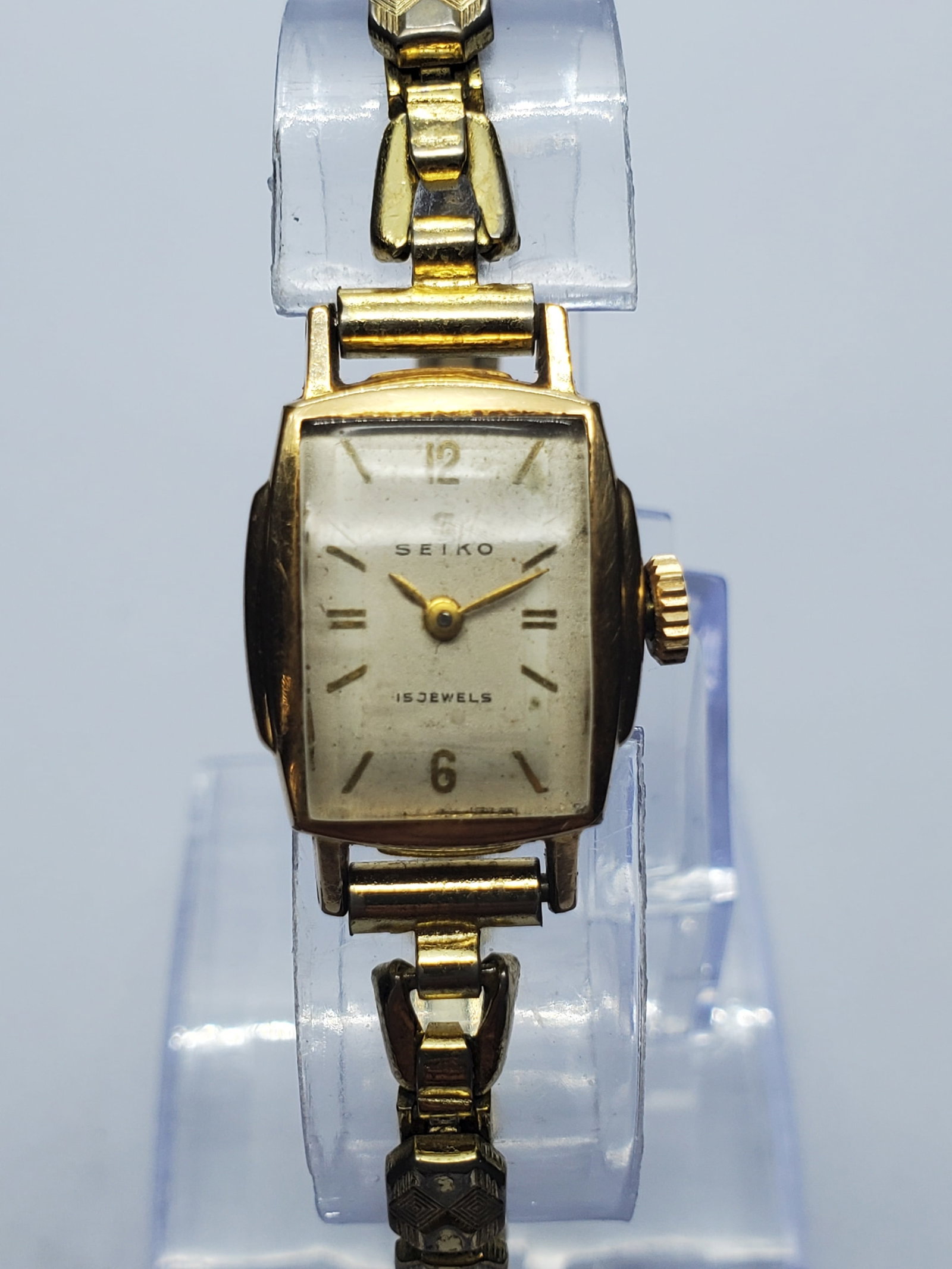 Vintage Seiko 5134 Ladies 14K Gold-Filled 15J Manual Watch, 17x20mm, 1966, Running: Elegant vintage Seiko 5134 ladies dress watch, featuring a 17 x 20 mm gold-tone case with a 14K gold-filled front, silver-tone dial with authentic age patina, gold markers, and a dependable 15-jewel m