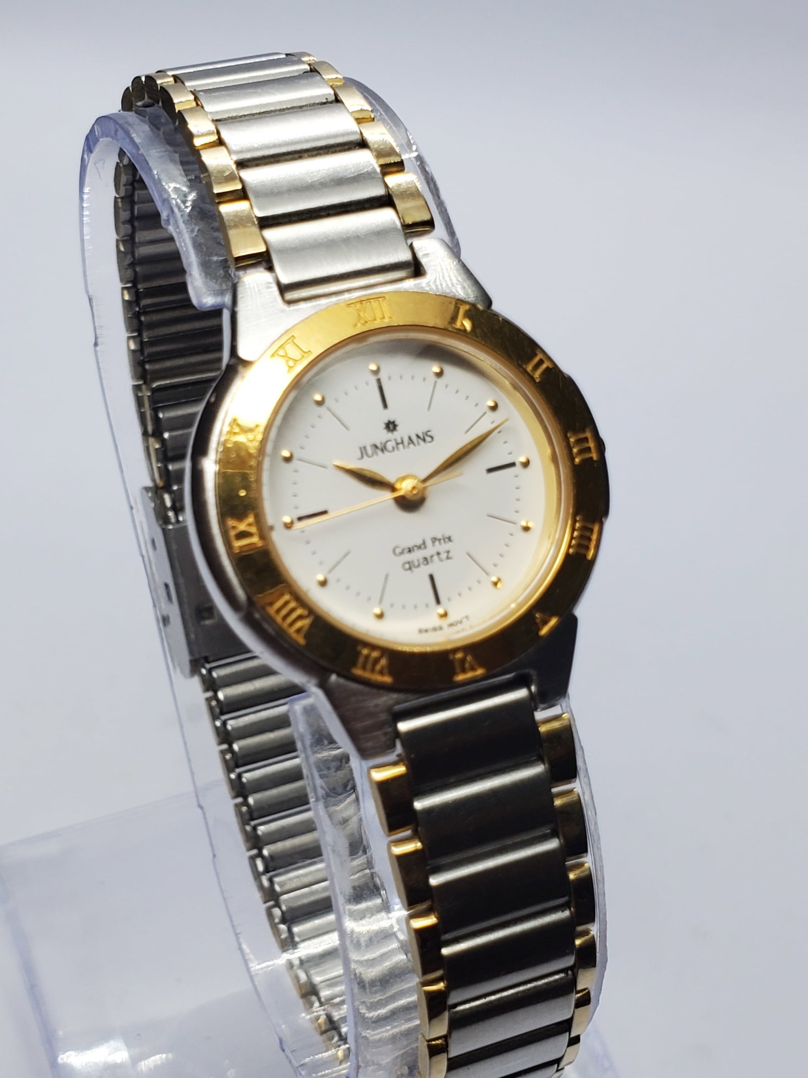 Vintage Junghans Grand Prix Quartz Two Tone Germany Watch, 24mm, 1990s, Running: Experience classic German elegance with this Junghans Grand Prix Quartz dress watch, a refined timepiece from one of Germany?s most respected watchmakers. Founded in 1861 by Erhard Junghans and Jakob 