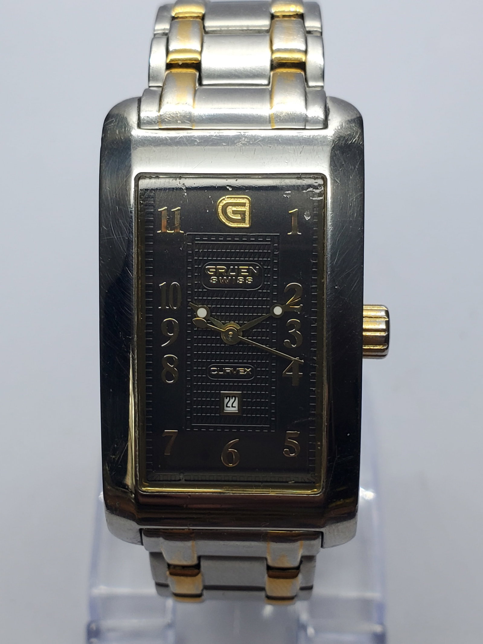 Vintage Gruen Curvex GSM028 Swiss Black Dial Tank Dress Watch, 25x46mm, 2000s, Running (1 of 13)
