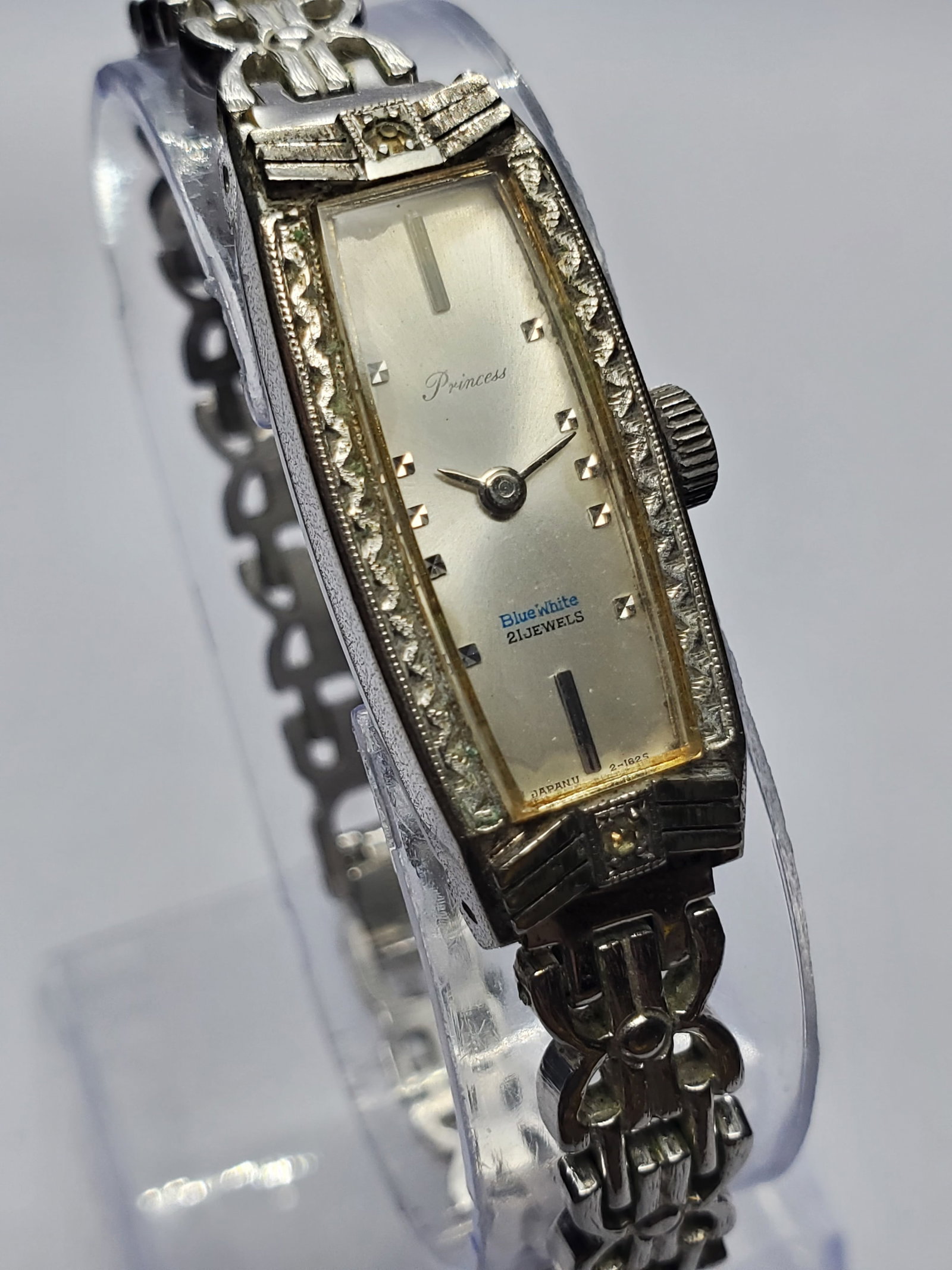 Vintage Orient Princess Rhodium Plated 21 Jewels Manual Dress Watch, 14x30mm, circa 1969, Running: Elegant and collectible, this vintage Orient Princess manual wind dress watch showcases the refined craftsmanship that made Orient a respected name among Japanese watchmakers. Founded by Shogoro Yoshi