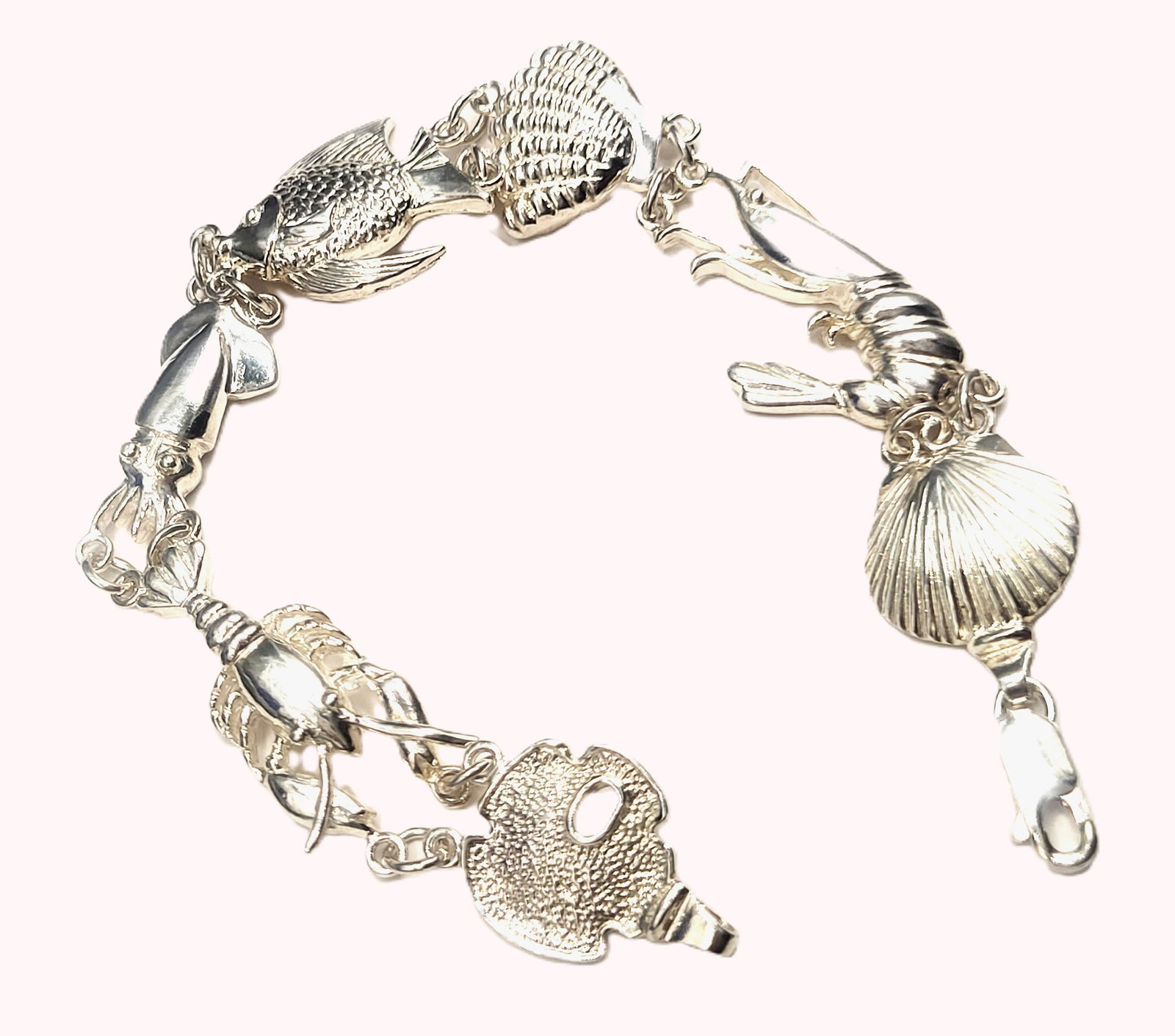 .925 Lobster, Shrimp Seashell and Tropical Fish Bracelet: 7" Long Lobster Clasp 3/4" wide Chain links 