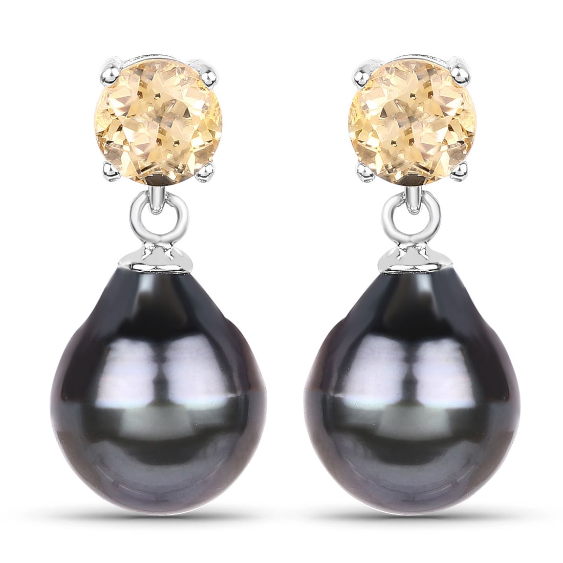 Dark Gray Tahitian Pearl and Citrine Earrings .925: .90ctw citrine sterling silver posts and friction backs 9x10mm drop, ringed, cultured Tahitian pearls Admin: 86371A/7lt