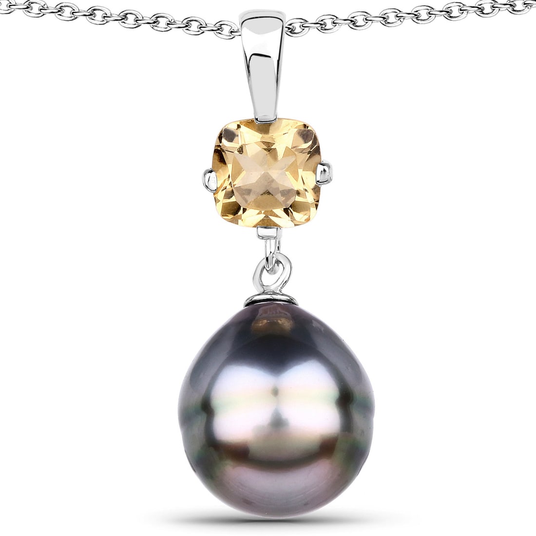 Tahitian Pearl and Cushion-Cut Citrine Pendant: Matches the earrings in Lot 204! This STERLING SILVER pendant features a stunning dark gray genuine cultured Tahitian drop pearl with an exquisite mirror-like surface and measures 12 x 11mm. It 