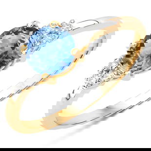 Refreshing Blue Sapphire & Diamond Epualette Ring: Setting: 14K Yellow Gold Main Gemstone: Genuine Blue Sapphire Adjacent Gemstone: Genuine, Natural Diamond