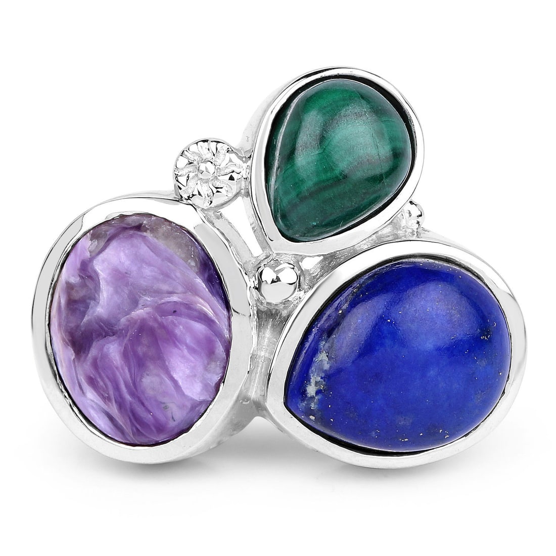 Triad of Color: Malachite, Charoite & Lapis Ring: Setting: Sterling Silver .925 Primary Gemstone: Genuine Lapis Lazuli Secondary Gemstone: Genuine Charoite Additional Gemstone: Genuine Malachite Size:US