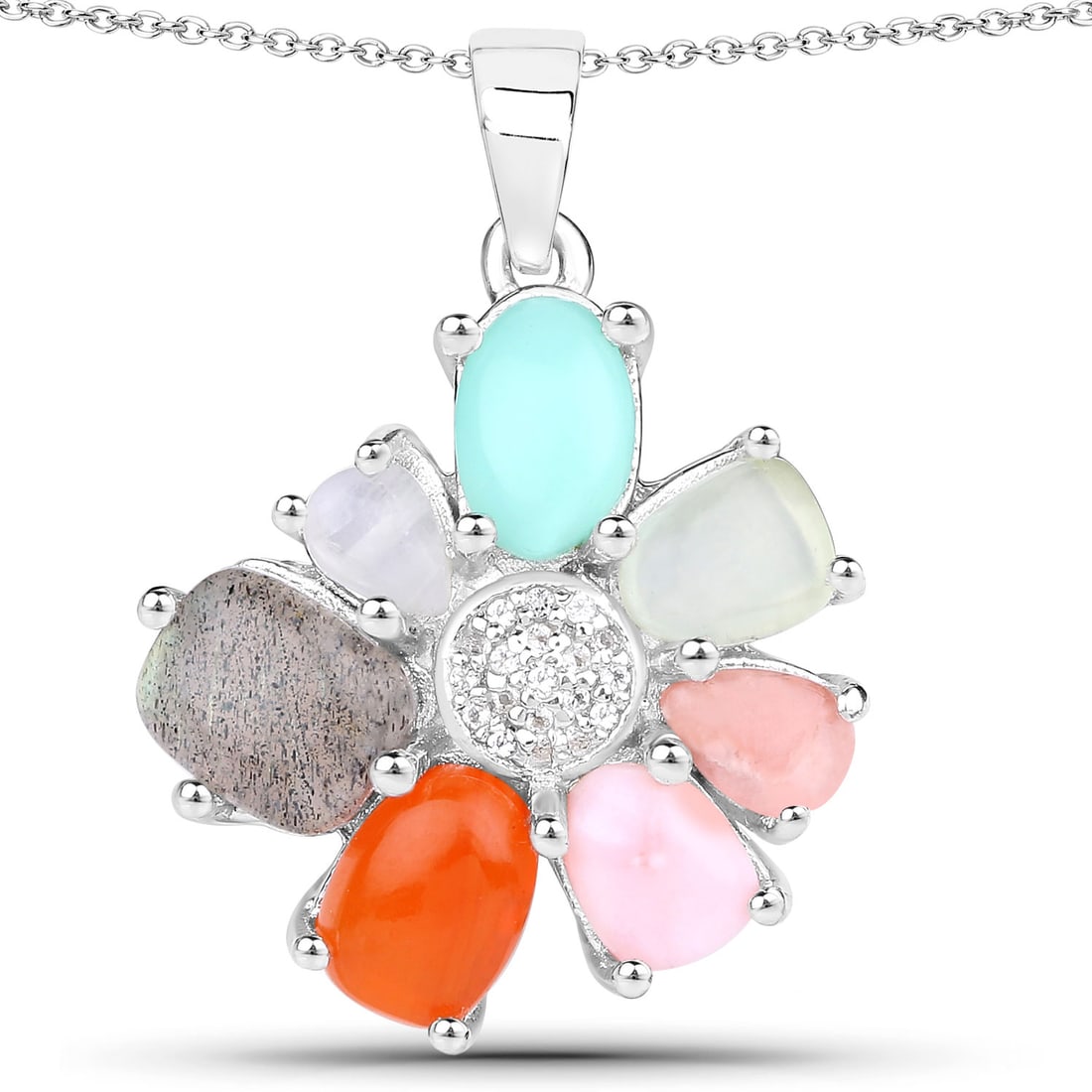 Multi-Gemstone Flower Necklace in Sterling Silver: Setting: 925 Sterling Silver Primary Gemstone: Semi-Precious Gemstones, Genuine Including: Pink Opal, Rhodocrosite, Prehnite, Chrysoprase, Rianbow Moonstone, Labradorite, Fire Opal, and White T