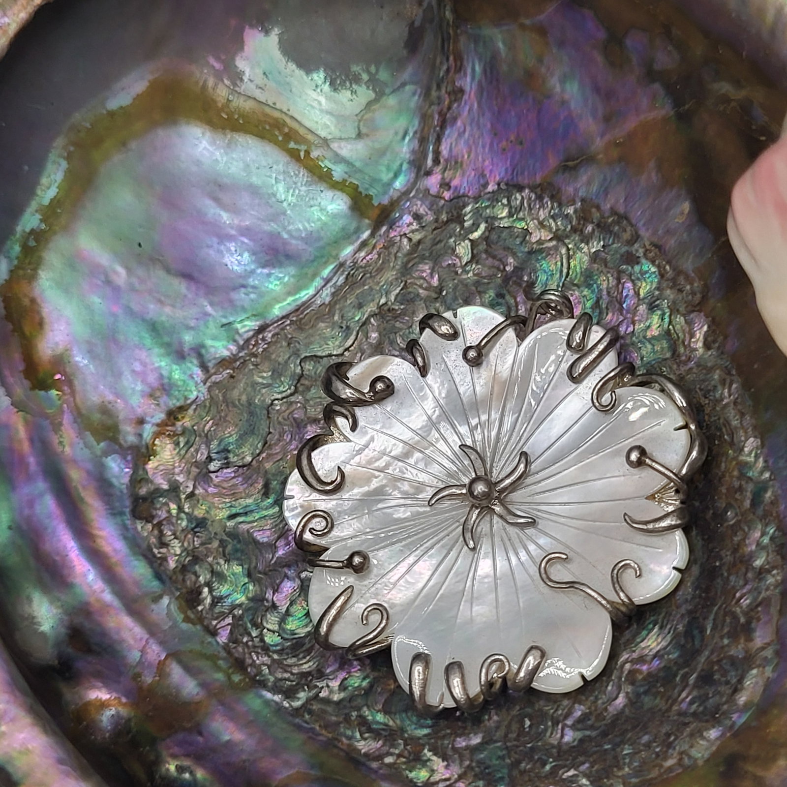 Carved Mother of Pearl Flower and Tendrils Pendant (1 of 4)