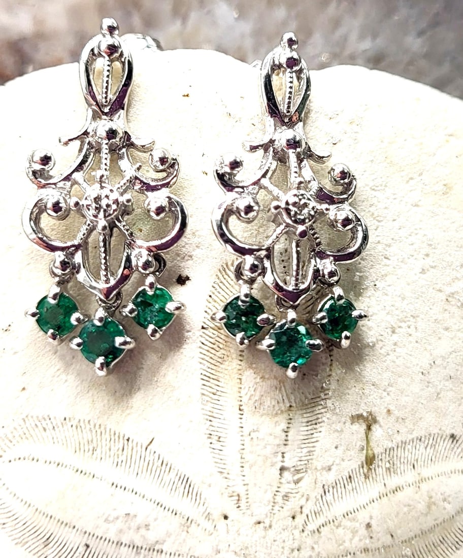 14K White Gold Emerald & Diamond Festoon Earrings (1 of 7)