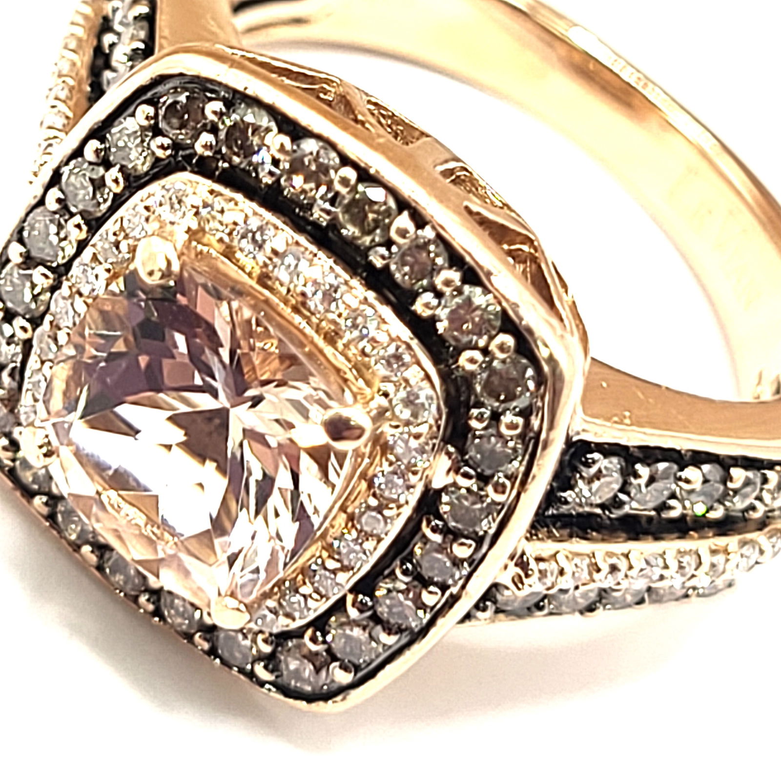 LeVian Morganite, Chocolate & Vanilla Diamond Ring: Setting: 14K Rose Gold Main Gemstone: Genuine Morganite Adjacent Gemstone: Genuine, Natural Diamond Additional Gemstone: Champagne-Colored Natural Diamonds Size: US 7 Weight: 8.1g Designer/Hallmark: L