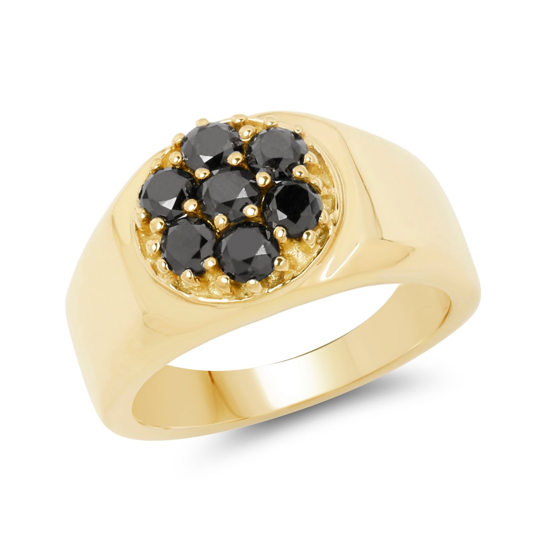 Men's Genuine Black Diamond Cluster Ring .98 CTW: Setting: Sterling Silver .925 with 14K Yellow Gold Finish Primary Gemstone: Genuine, Earth-Mined Black Diamond Size: 9 to 9.5 Weight: 5.33g Men will love the bling of this black diamond ring. Set with