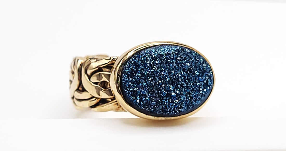 Cobalt Druzy Byzantine Chain Ring Gold over .925: Setting: Gold over Sterling Silver .925 Primary Gemstone: Cobalt Druzy Mineral: Unknown: Quartz or Azurite Ring Size: 5.5 US Designer/Hallmark: OT/Turkey Weight: 5g This sterling silver ring features