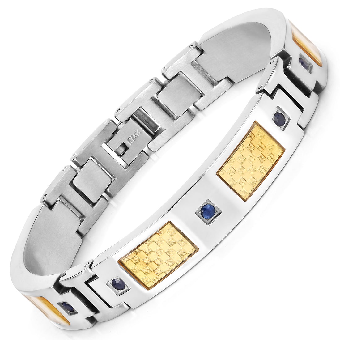 Titanium & YG Plated Steel Blue Sapphire Bracelet: 27100015 Setting: Titanium and Yellow Gold Plated Steel Inlay Primary Gemstone: Genuine Blue Sapphire Length:8.5" Closure: Hinged, Folding Clasp Weight: 43 This men’s titanium bracelet features .72c