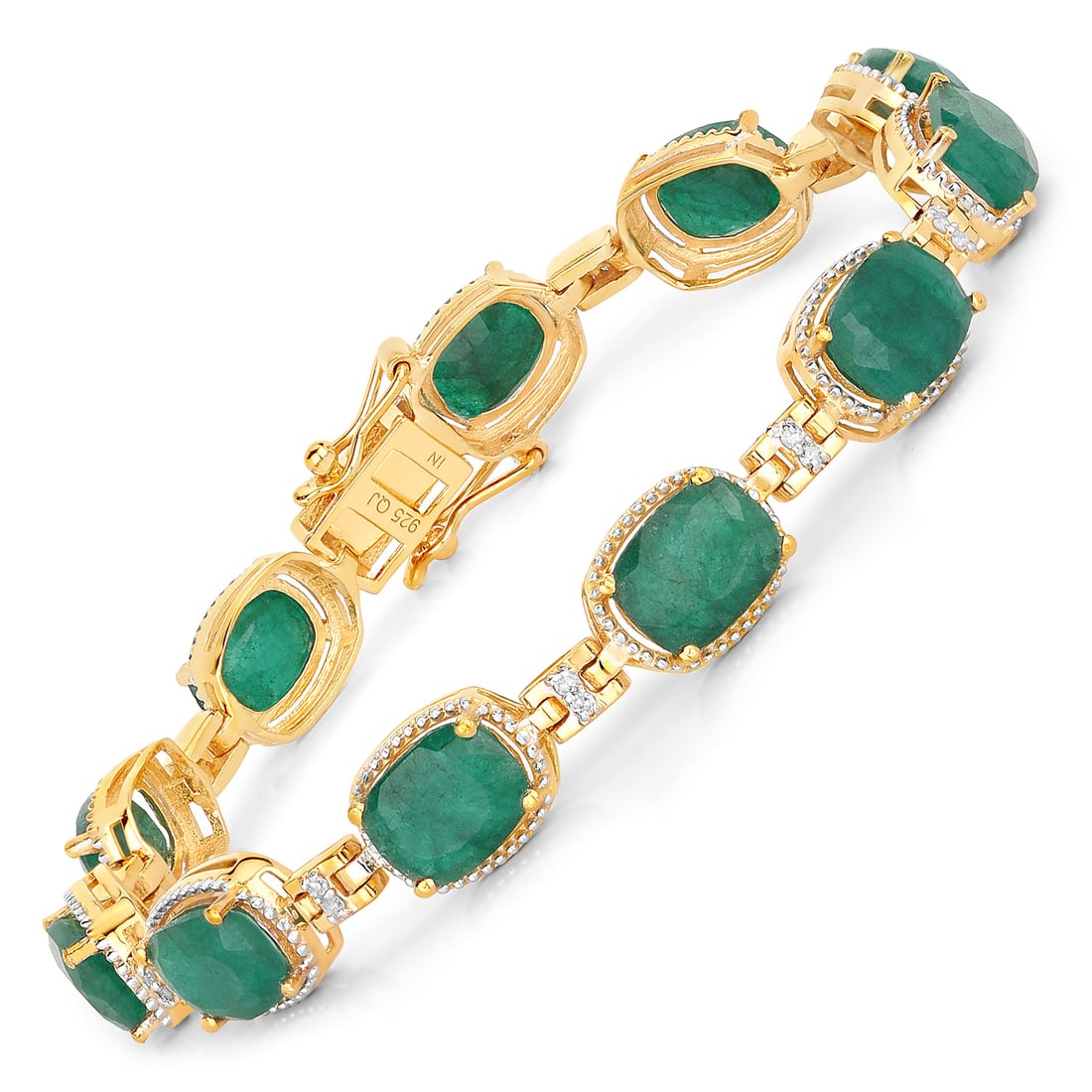 Vivid Dyed Elegant Emerald and Diamond Bracelet: 121000029 / 26100018 Setting: 18K Yellow Gold Over Sterling Silver .925 Primary Gemstone: Genuine Emerald* Secondary Gemstone: Genuine, Natural Diamond Length: 7" Closure: Hidden Box Clasp with 2 Safe