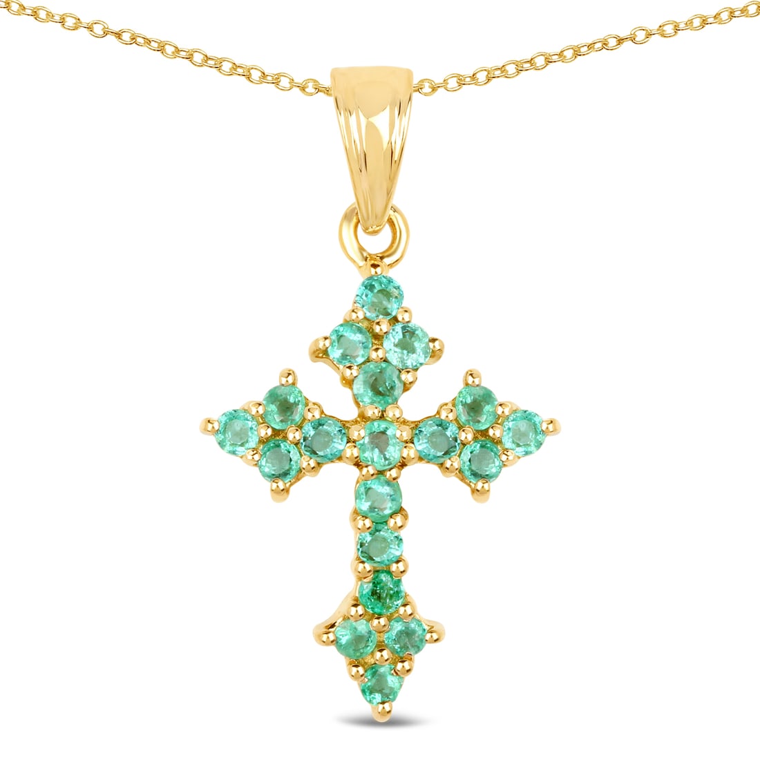 1.05 CTW Zambian Emerald Budded Cross Necklace .925: 27100043 Setting: 14K Yellow Gold OVER Sterling SIlver .925 Primary Gemstone: Genuine Emerald Geographic Origin: Zambia Length: 18" Closure: Spring Ring Over a carat of round, faceted, genuine Zambian