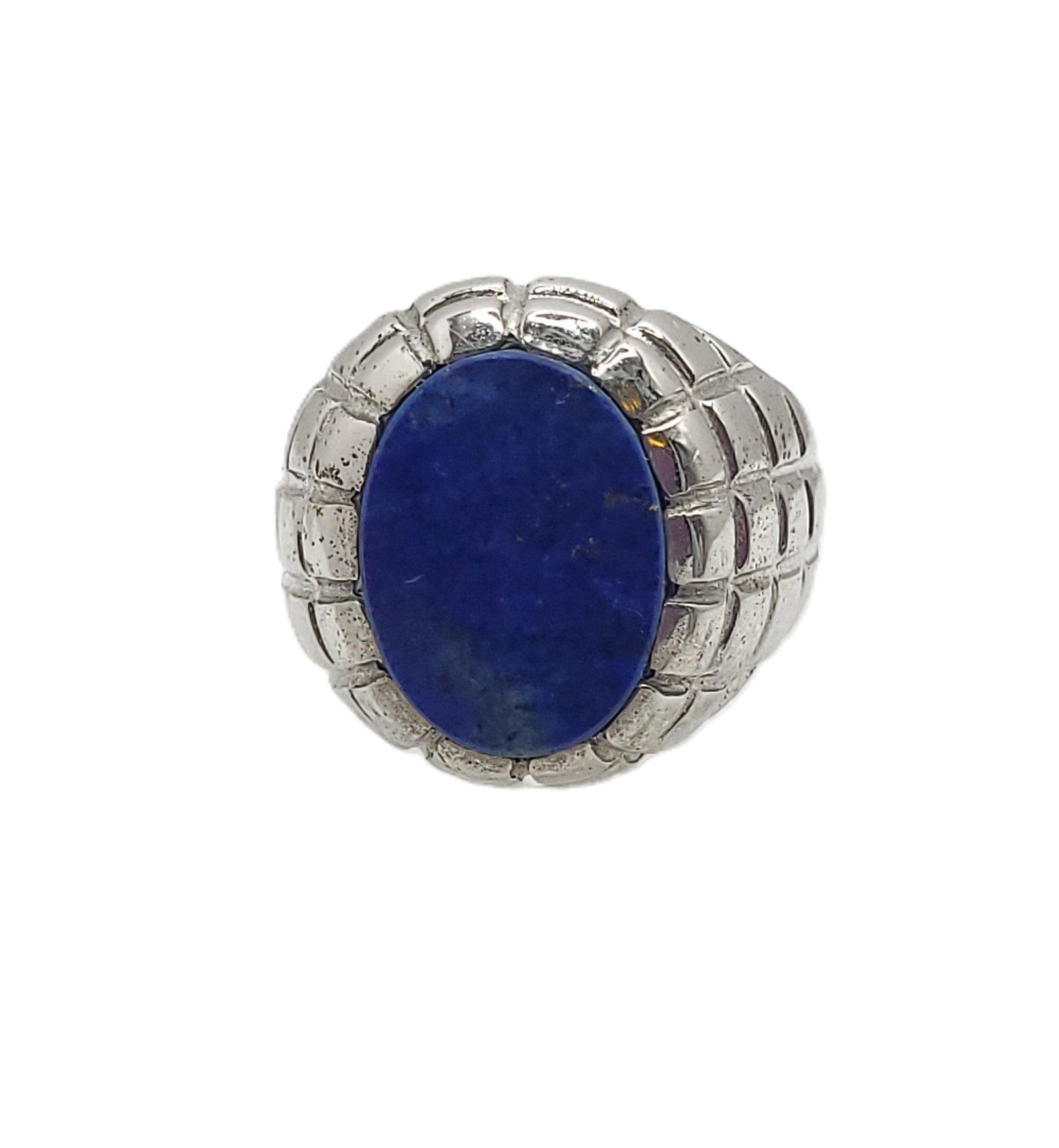 Man's Denim Lapis Ring in Sterling Silver: 400014 Setting: Sterling Silver .925 Main Gemstone: Denim Lapis Size: .US 9.5 Weight: 13.68g This is a sterling silver man's ring with an approximate 16mm x 12mm flat, oval, polished slice of denim la