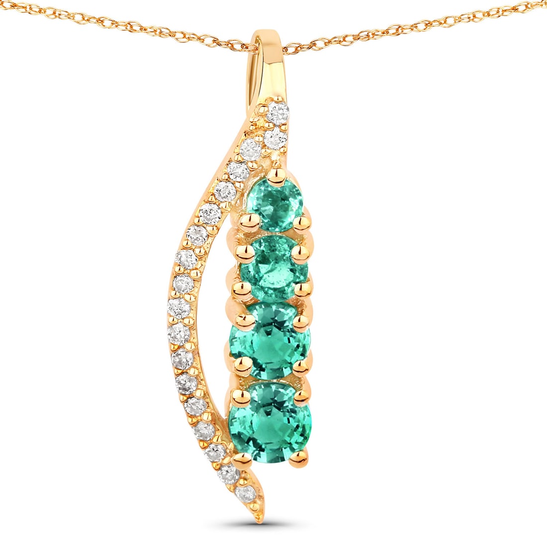 Zambian Emerald and Diamond Ribbon Swirl Necklace: 27100056 Setting: 14K Yellow Gold Primary Gemstone: Genuine Emerald Geographic Origin: Zambia Secondary Gemstone: Genuine, Natural Diamond Length: 18" Closure: Lobster Clasp A luminous arc of Zambian