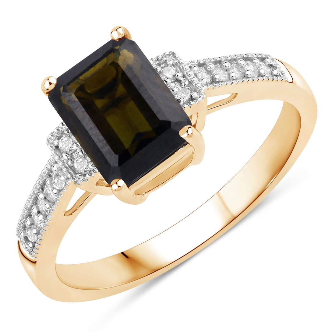 Octagon-Cut Green Tourmaline and Diamond Ring: 27100077 Setting: 14K Yellow Gold Primary Gemstone: Genuine Green Tourmaline (Verdelite) Secondary Gemstone: Genuine, Natural Diamond Size: 7 Weight:2.69g This 14 karat yellow gold ring features a 1.6