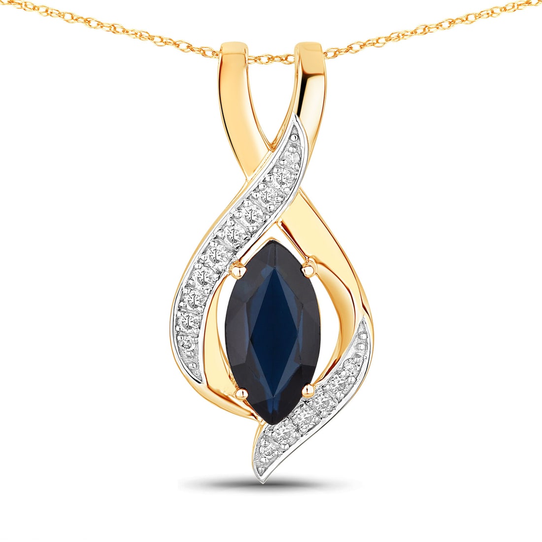 Marquise Blue Sapphire and Diamond Bypass Pendant: Setting: 14K Yellow Gold Main Gemstone: Genuine Blue Sapphire Adjacent Gemstone: Genuine, Natural Diamond Dimensions: 7/8" Long Weight: 3.11g Birthstone for: SEPTEMBER This glamorous 14 karat yellow g