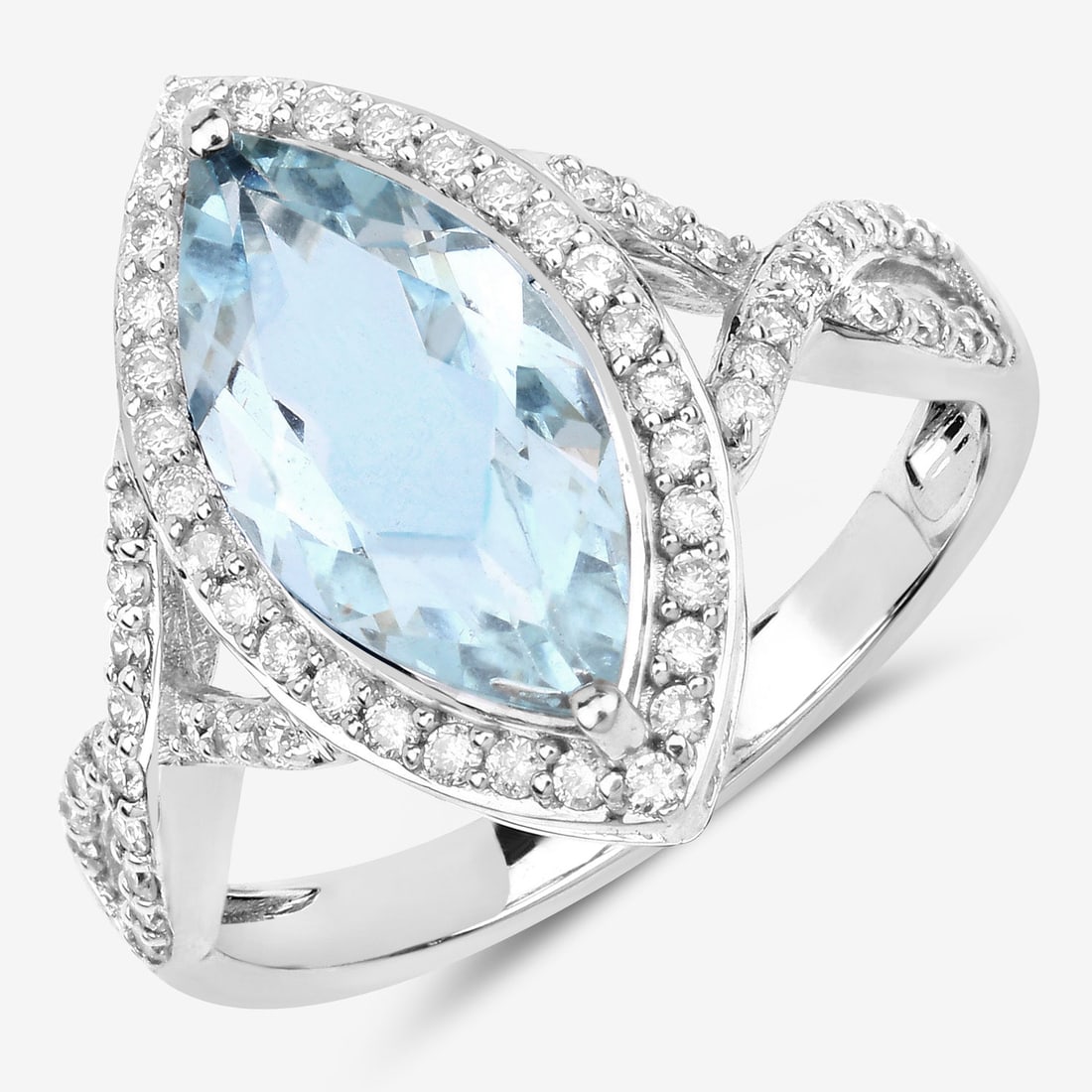 2.24 CT Marquise Aquamarine and Diamond Halo Ring: 26100106 Setting: 14K White Gold Primary Gemstone: Genuine Aquamarine Secondary Gemstone: Genuine, Natural Diamond Size: US 7 Weight: 3.79g This 14 karat white gold ring features a 1.84 carat, marquis