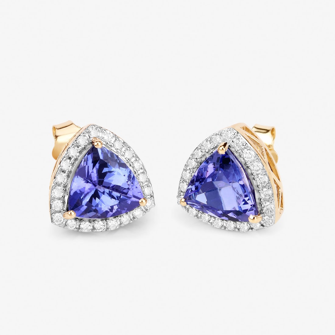 Trilliant-Cut Tanzanite and Diamond Button Earrings: 27100125 Setting: 14KWhite Gold Primary Gemstone: Genuine Tanzanite Secondary Gemstone: Genuine, Natural Diamond Closure: Posts and Friction Backs Weight: 3.31g These elegant stud earrings feature 3.4