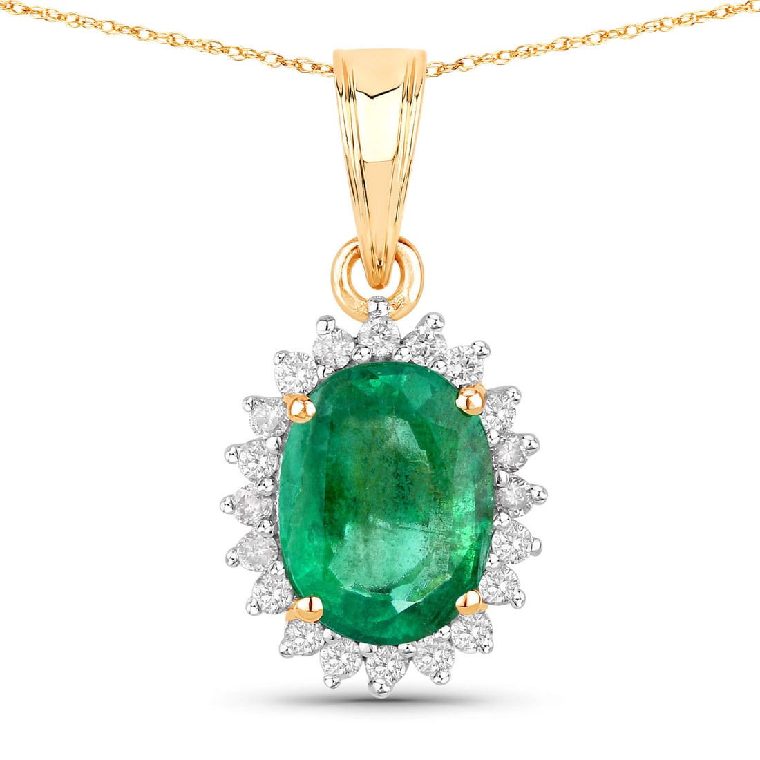 Oval-Cut Zambian Emerald and Diamond Halo Pendant: 27100130 Setting: 10K Yellow Gold Primary Gemstone: Genuine Emerald Geographic Origin: Zambia Secondary Gemstone: Genuine Natural Diamond Closure: Posts and Friction Backs Weight: 1.23g The 1.20 carat