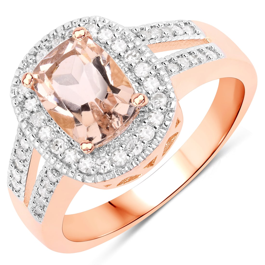 Cushion-Cut Morganite & Diamond SplitShoulder Ring: 27100135 Setting: 18K Rose Gold OVER Sterling Silver .925 Primary Gemstone: Genuine Morganite Secondary Gemstone: Genuine, Natural Diamond Size: US 5 Weight: 3.75g This sterling silver ring features a