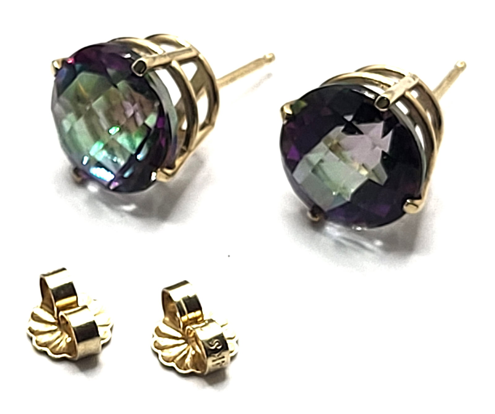 Large 10.00mm Round Mystic Topaz Stud Earrings: Setting: 14K Yellow Gold Main Gemstone: Genuine Mystic Topaz* Closure: Posts and Friction Backs Footnote: Made by a local jeweler/crafstman (Florida's Space Coast) Weight: 3.7g Birthstone for: NOVEMBE